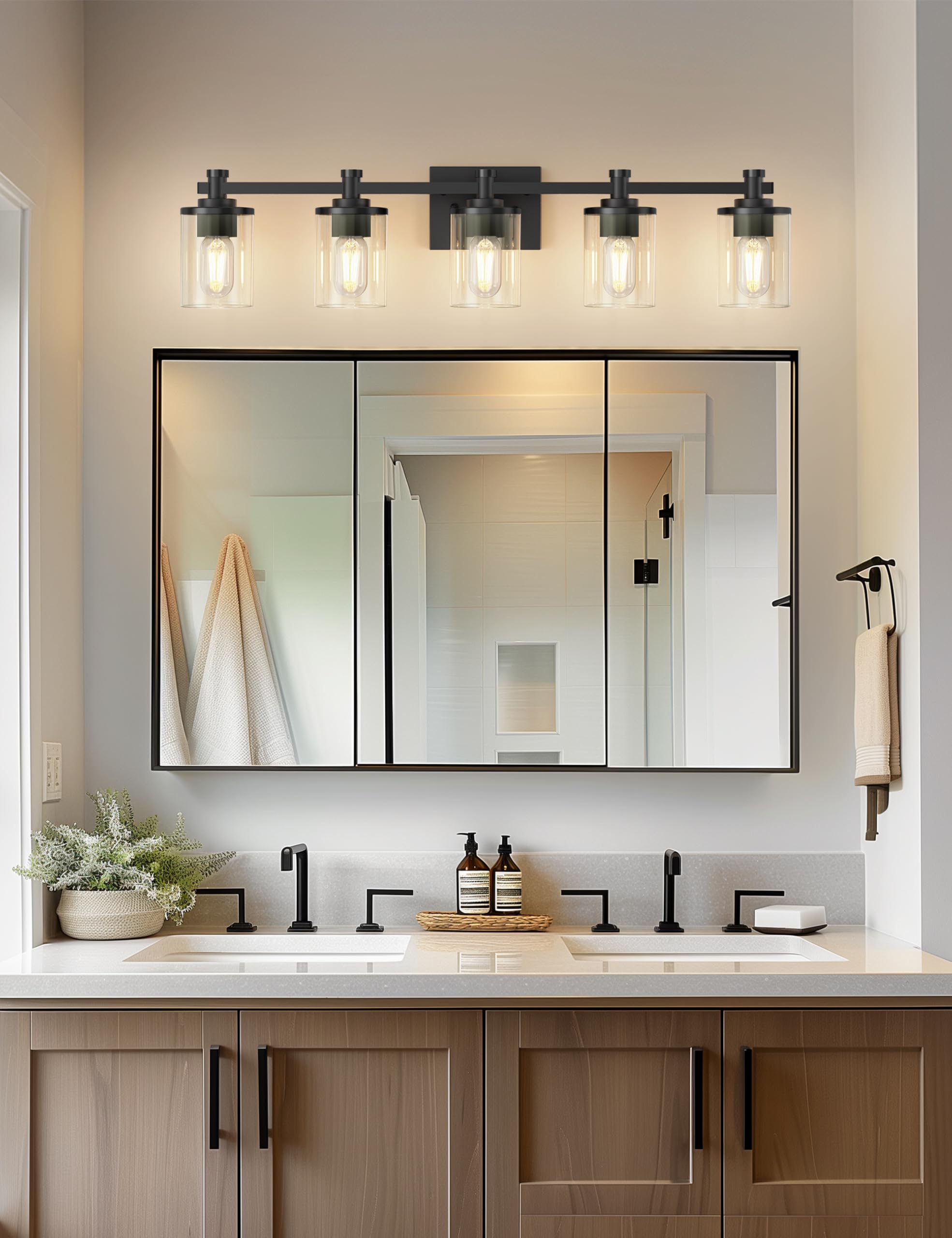 L LOHAS LED 5-Light Bathroom Vanity Light Fixture, Black Metal with Clear Glass Shade, Modern Design for Mirror or Hallway