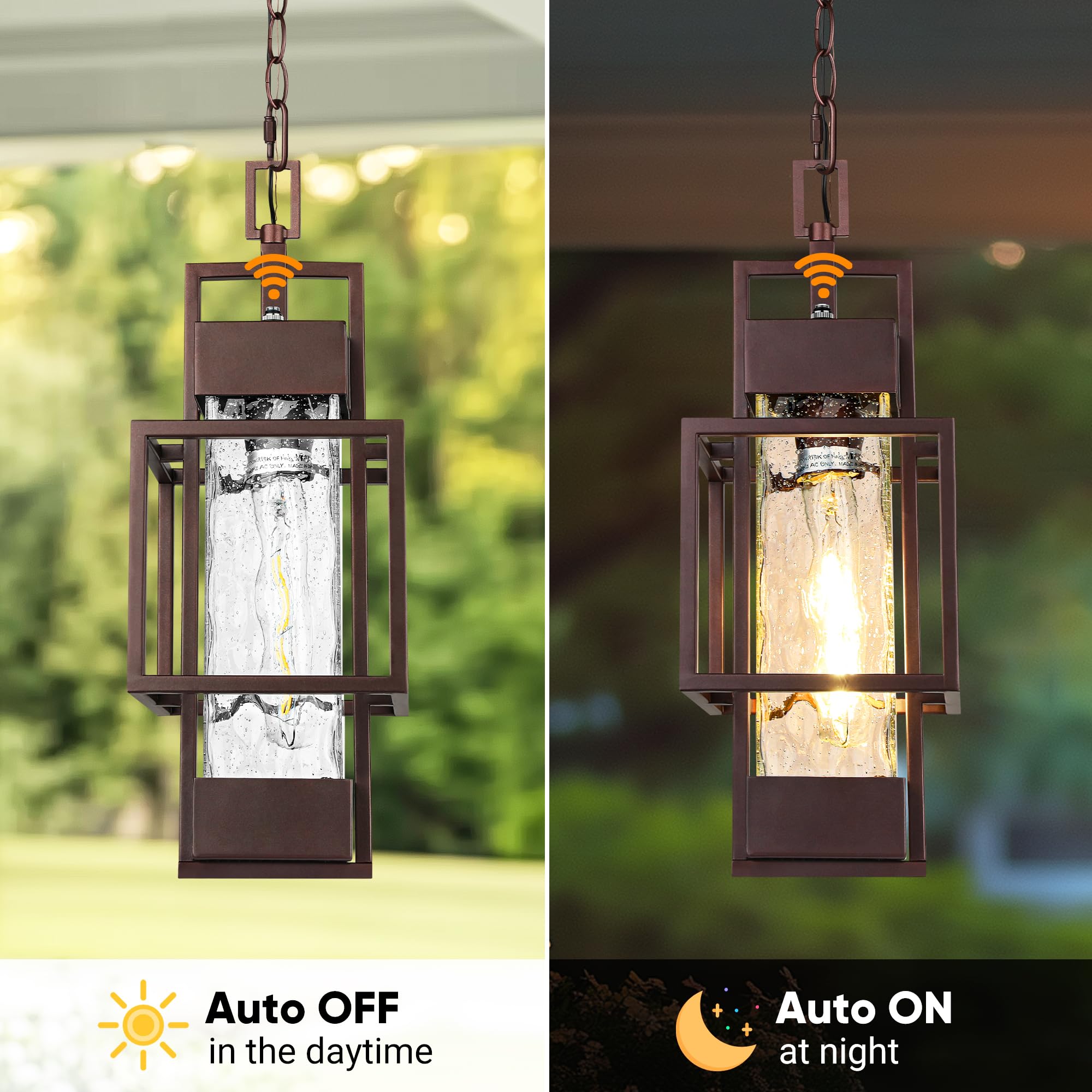 PARTPHONER 15" Outdoor Pendant Light, Modern Metal Chandelier, Water Glass, Bronze, Model PACL084BZ1