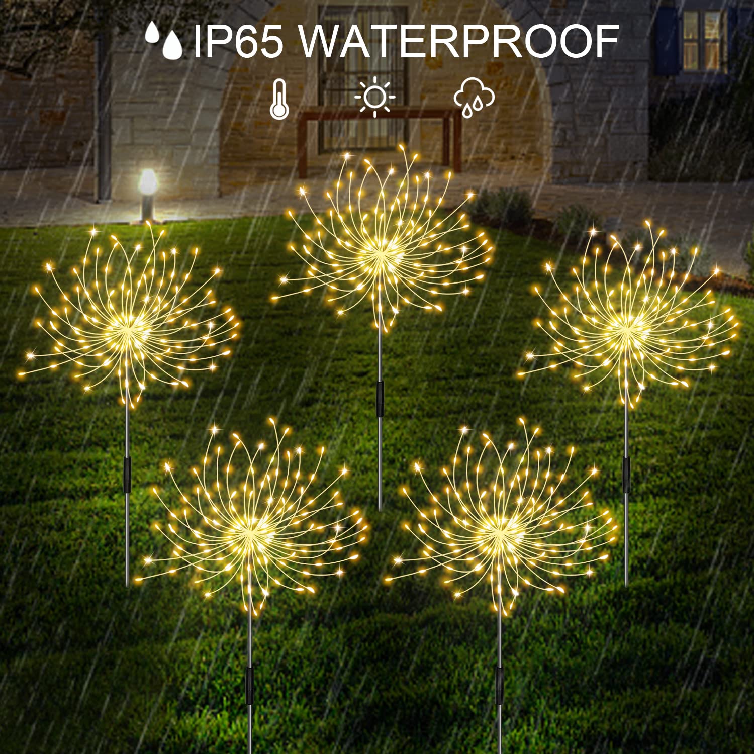 Solar Garden Lights, Firework Lights Outdoor 5 Pack 120 Led Solar Waterproof Decorative Starburst Lights Landscape Lamp Adjustable Brightness, Decor For Courtyard Garden Christmas Party(Warm White)