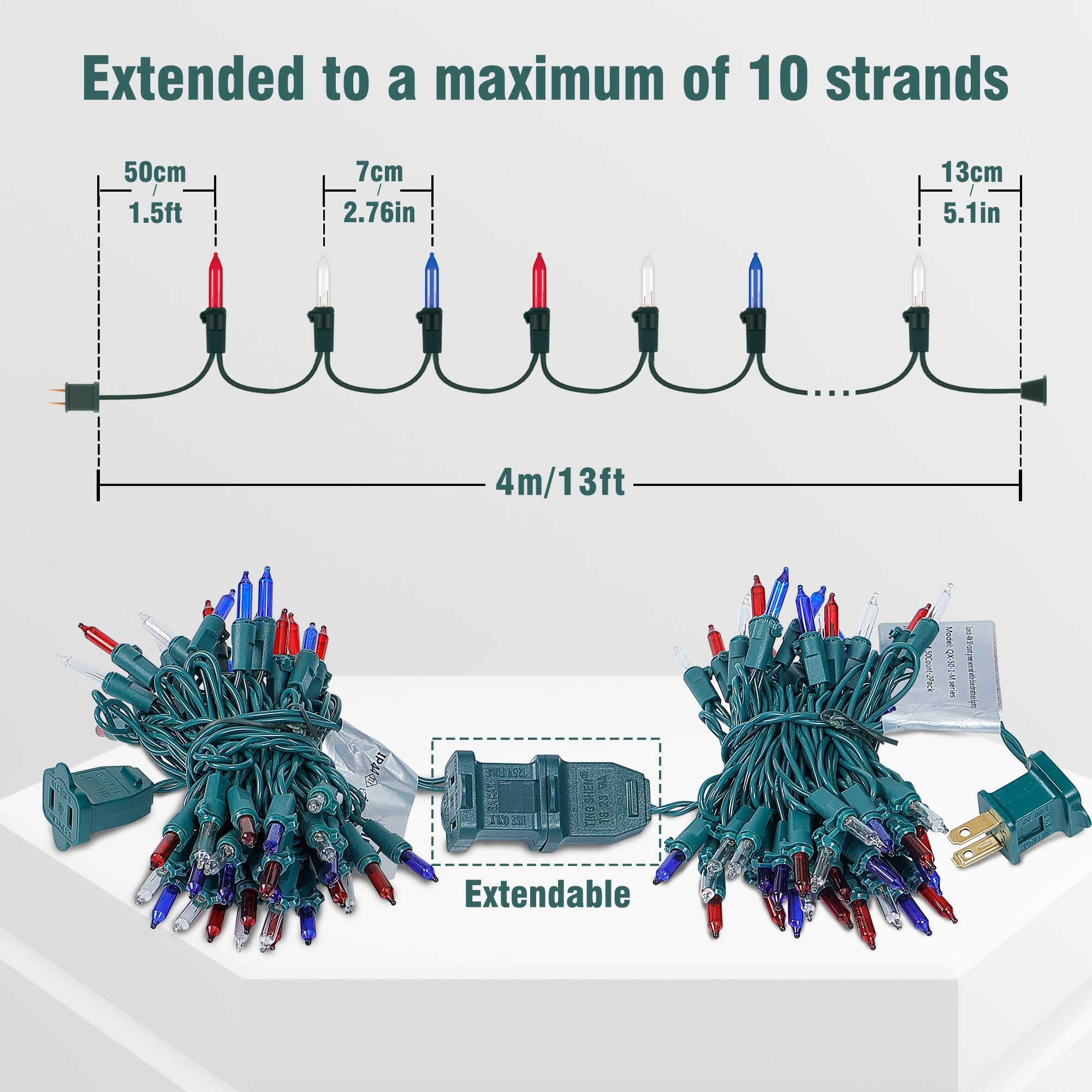 Hopolon 50 Count Red White Blue Mini String Lights, 13Ft Incandescent, 2Pack For 4Th Of July Indoor Outdoor Decor