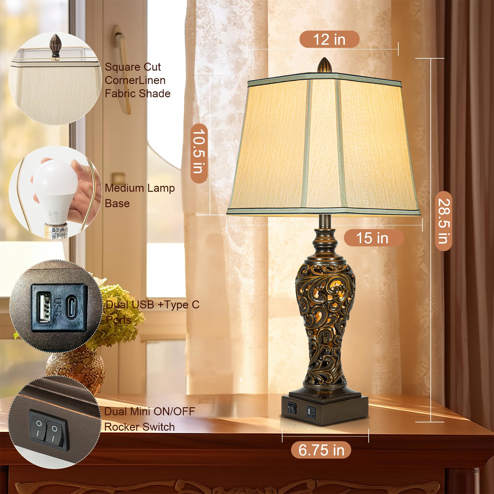 LuxSight Vintage Brown Table Lamps Set of 2 - 28.5" Bedside Lamps with Faux Silk Shades, USB & Nightlight - Model PL8019