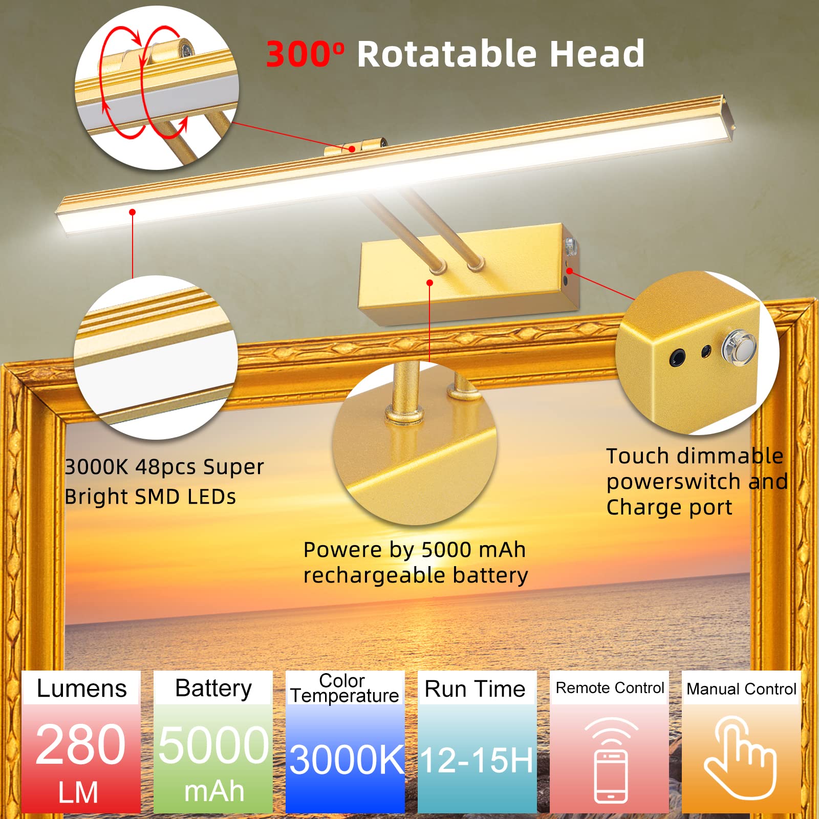 Funchday 20 Battery Picture Light - Wireless Remote, Dimmable, Metal Art Light In Gold, Model Fc70182 For Artwork Display
