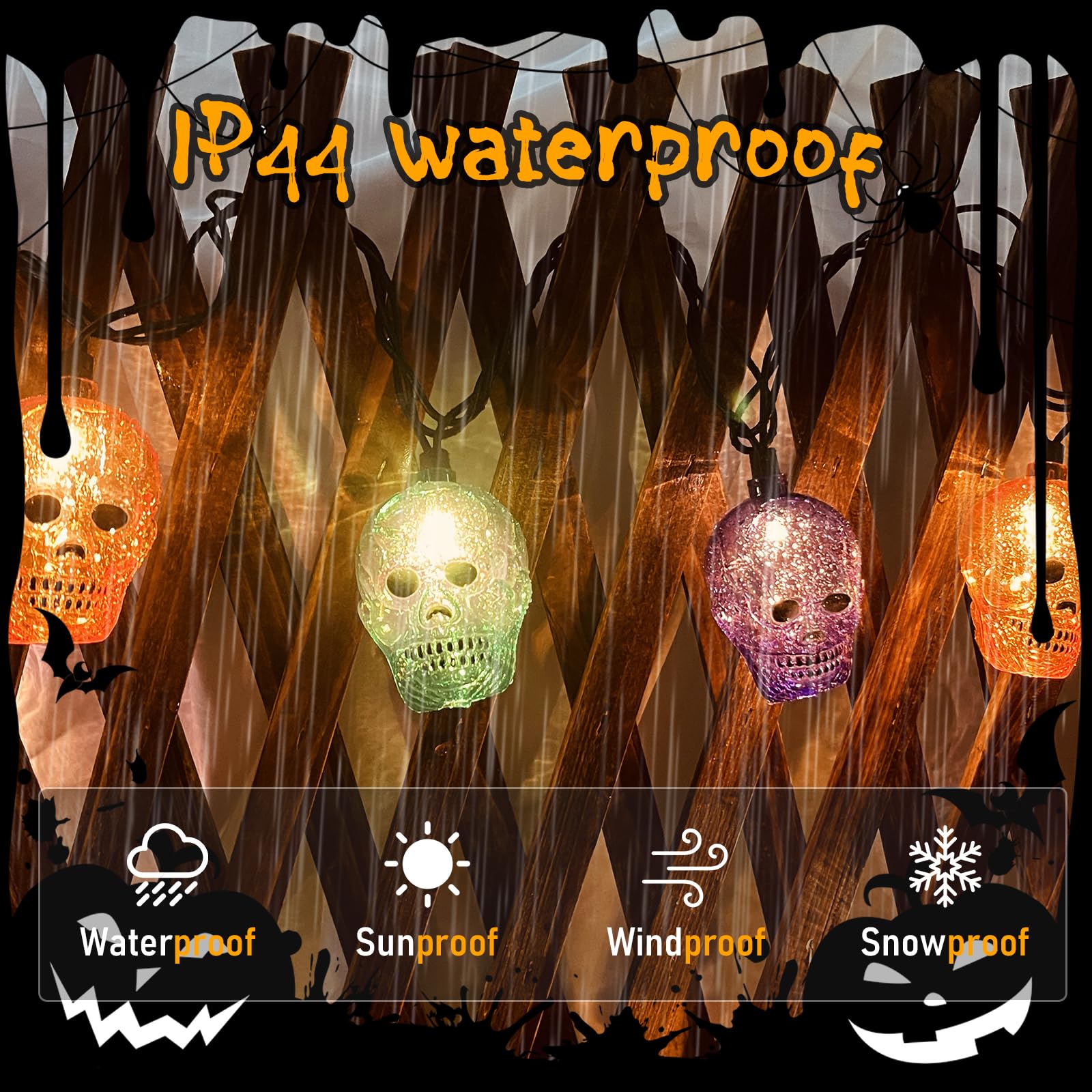 GOOTHY Halloween Skull String Lights - 8.5Ft LED Decor, Orange/Purple/Green, Indoor/Outdoor, Plug-in, Model LR-LED-L-10E/1F-D