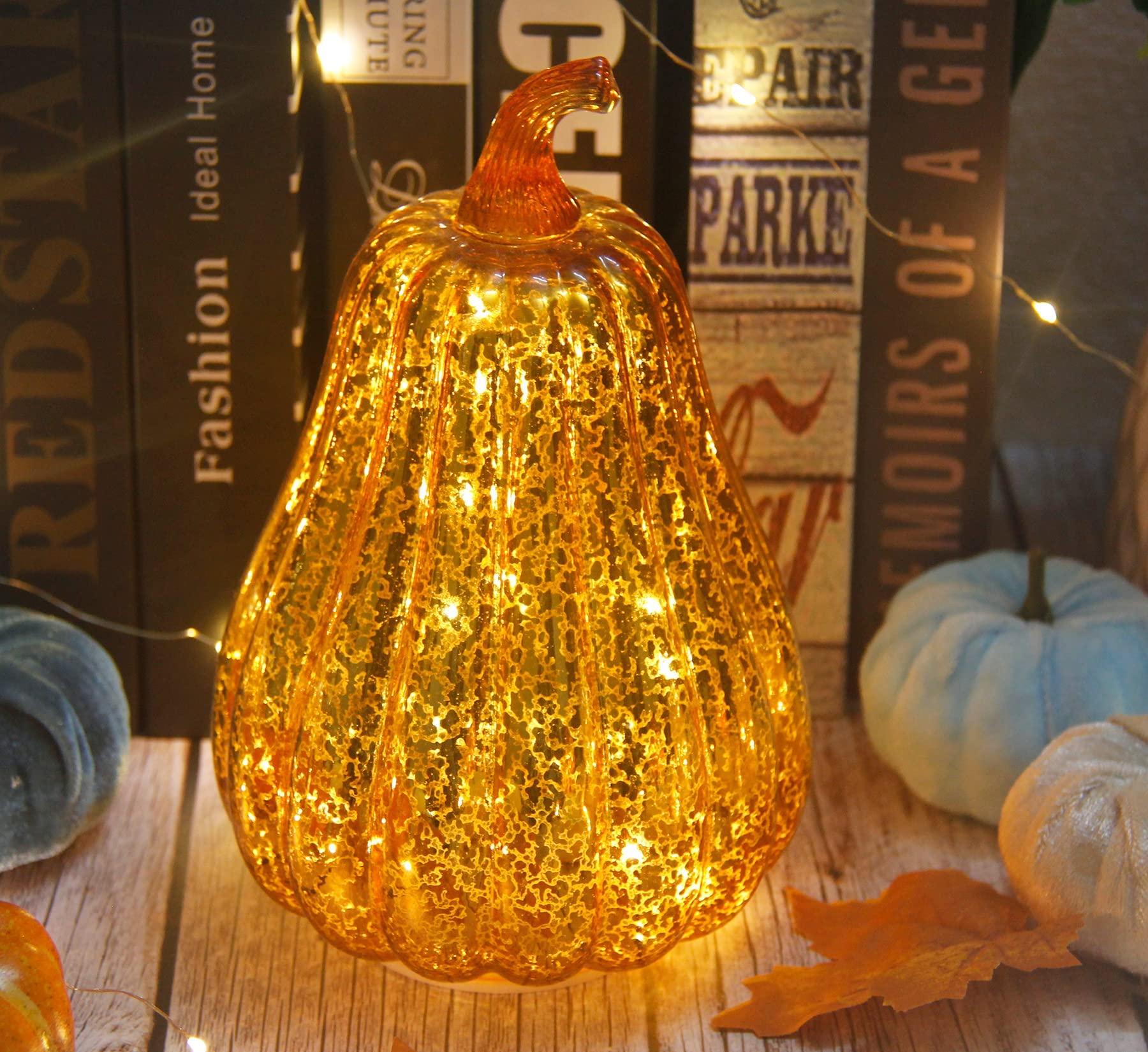 CFDECOR Mercury Glass Pumpkin Light with Timer, with 10 Fairy Lights Inside, Battery Operated Led Pumpkin Lamp, Ideal for Hallow