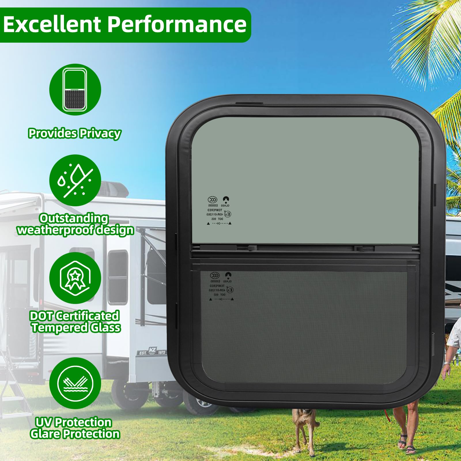 NOVINO RV Window – Vertical Sliding Replacement for Trailers, 14inW x 16inH, Black, Model NRW-001, Fits 15/16in or 1-3/8in