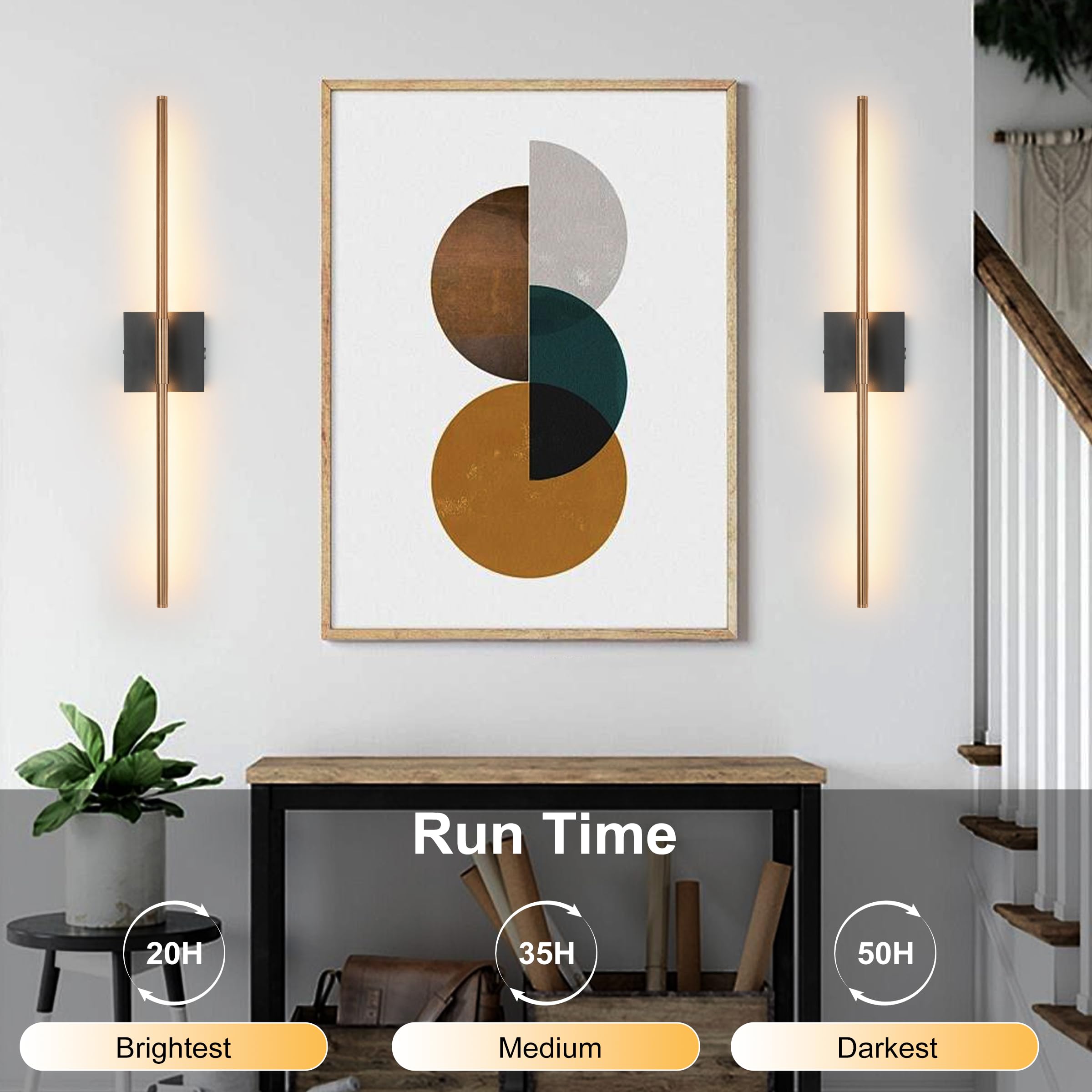 15800 mAh Battery Operated Wall Sconces with Remote Control Dimmable Wall Sconces Set of Two 3000K LED Brass Gold and Black Wire