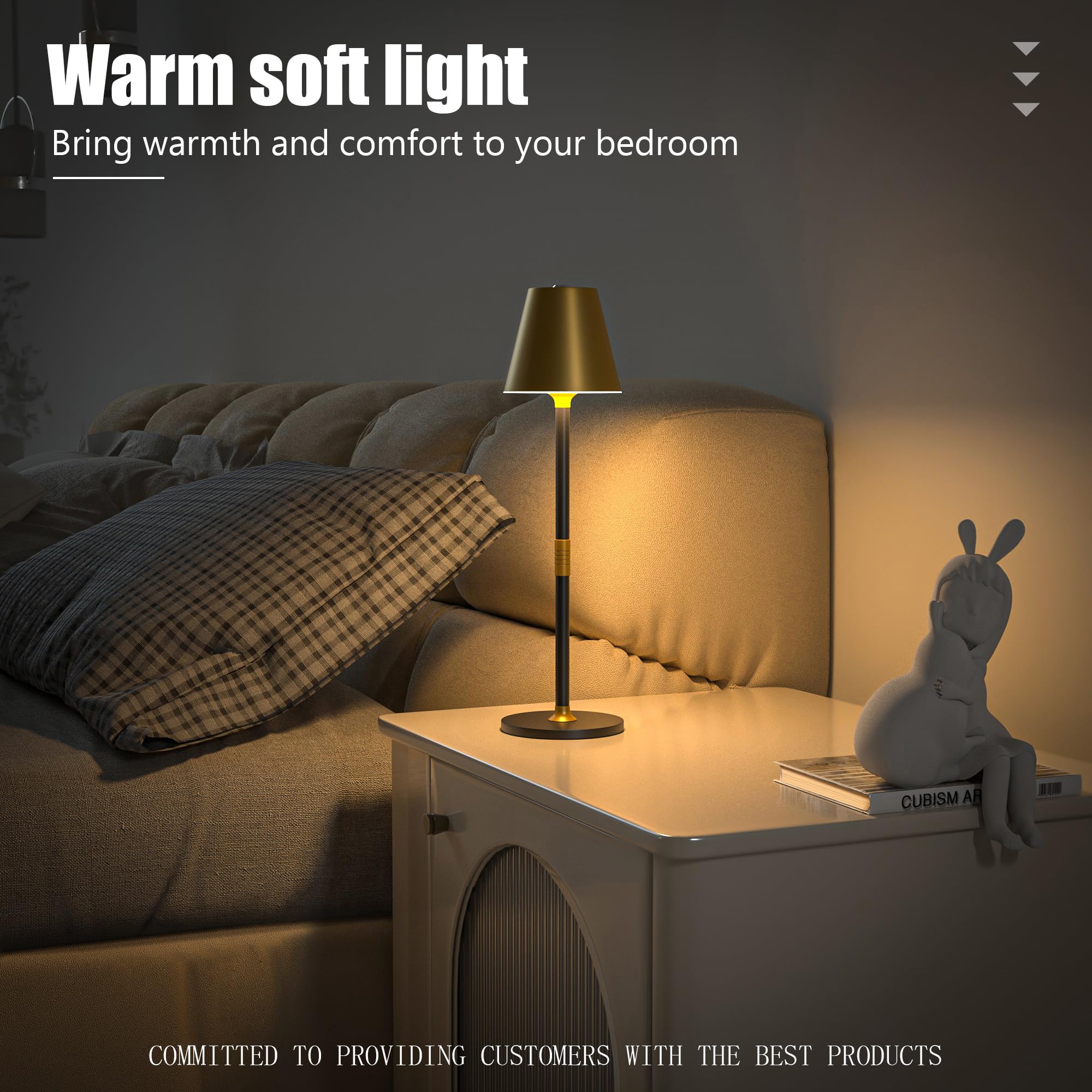 Timjorman LED Cordless Table Lamp - 4000mAh Rechargeable, 3-Level Brightness, Minimalist Design, Gold & Black, 4 Pack