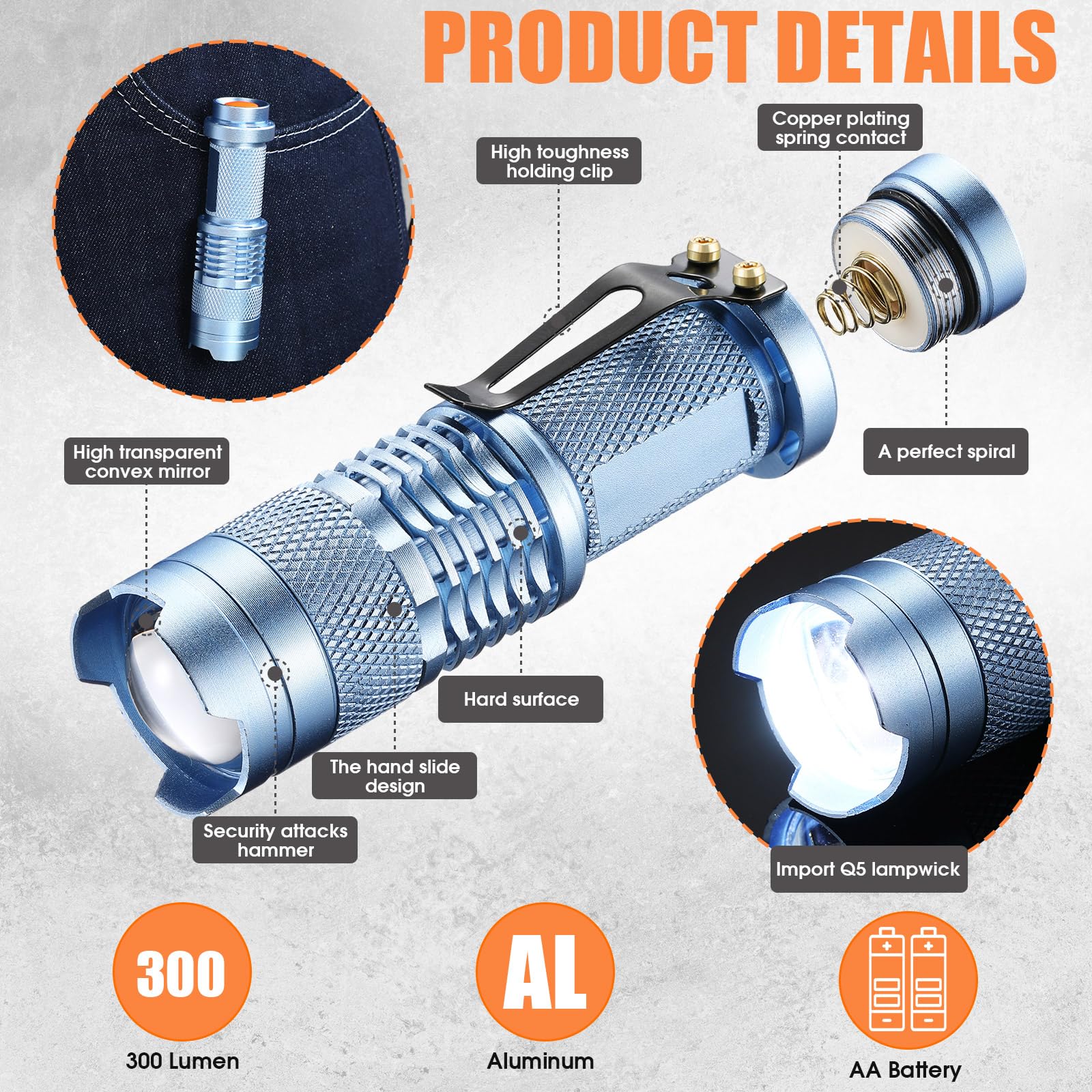 Fumete LED Flashlight Mini Tactical Torch 3 Modes Adjustable Focus Water Resistant Pocket Light Multicolor