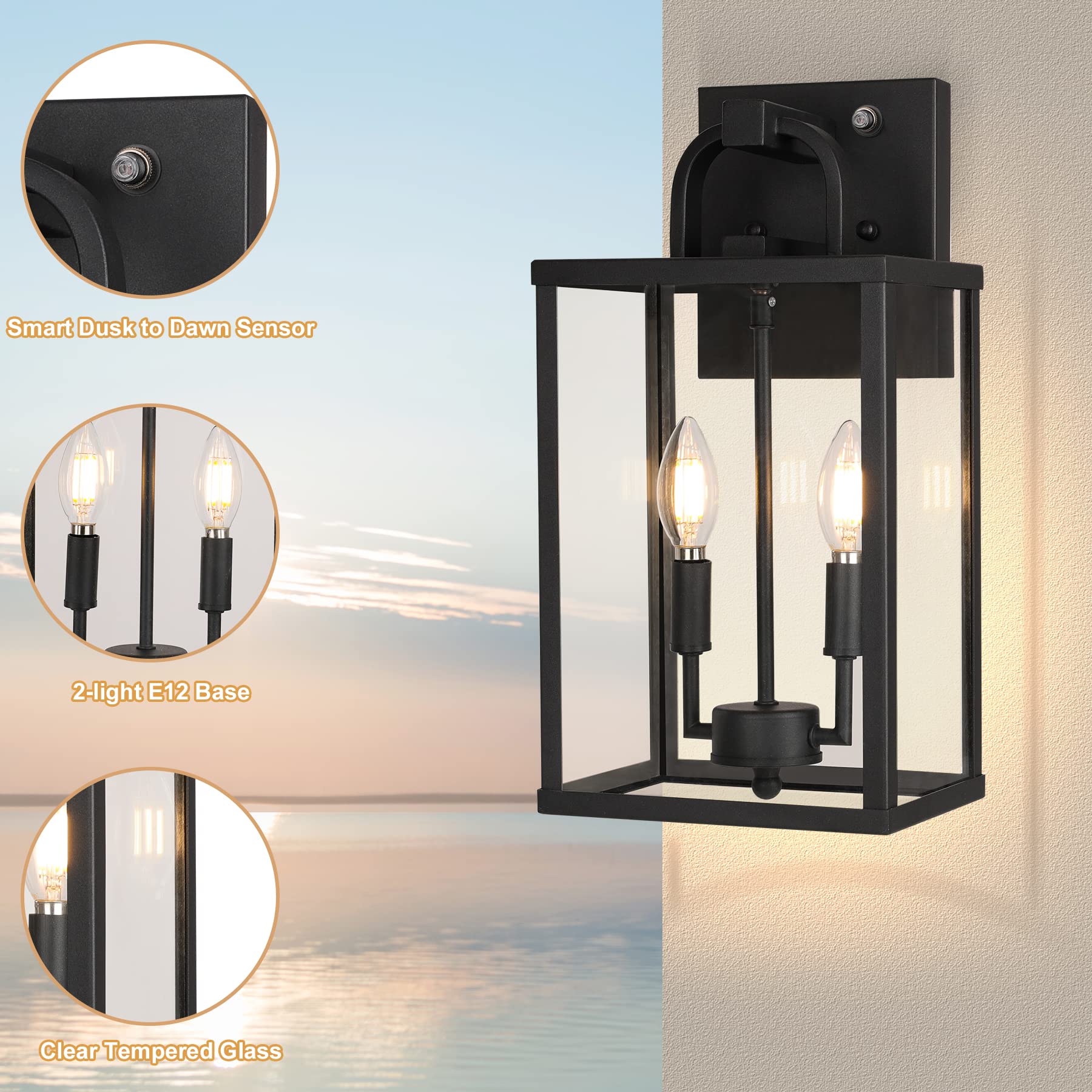 PARTPHONER Outdoor Light Fixture, 2-Light Dusk to Dawn Metal Wall Lantern, Clear Glass, Farmhouse Style for Porch, Entryway, Garage