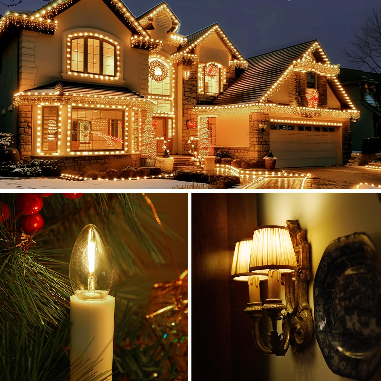 100 Pack C7 Warm White Led Christmas Lights Bulb Replacement Light Bulbs, E12 Candelabra Base, Commercial Grade Holiday Bulbs Fo