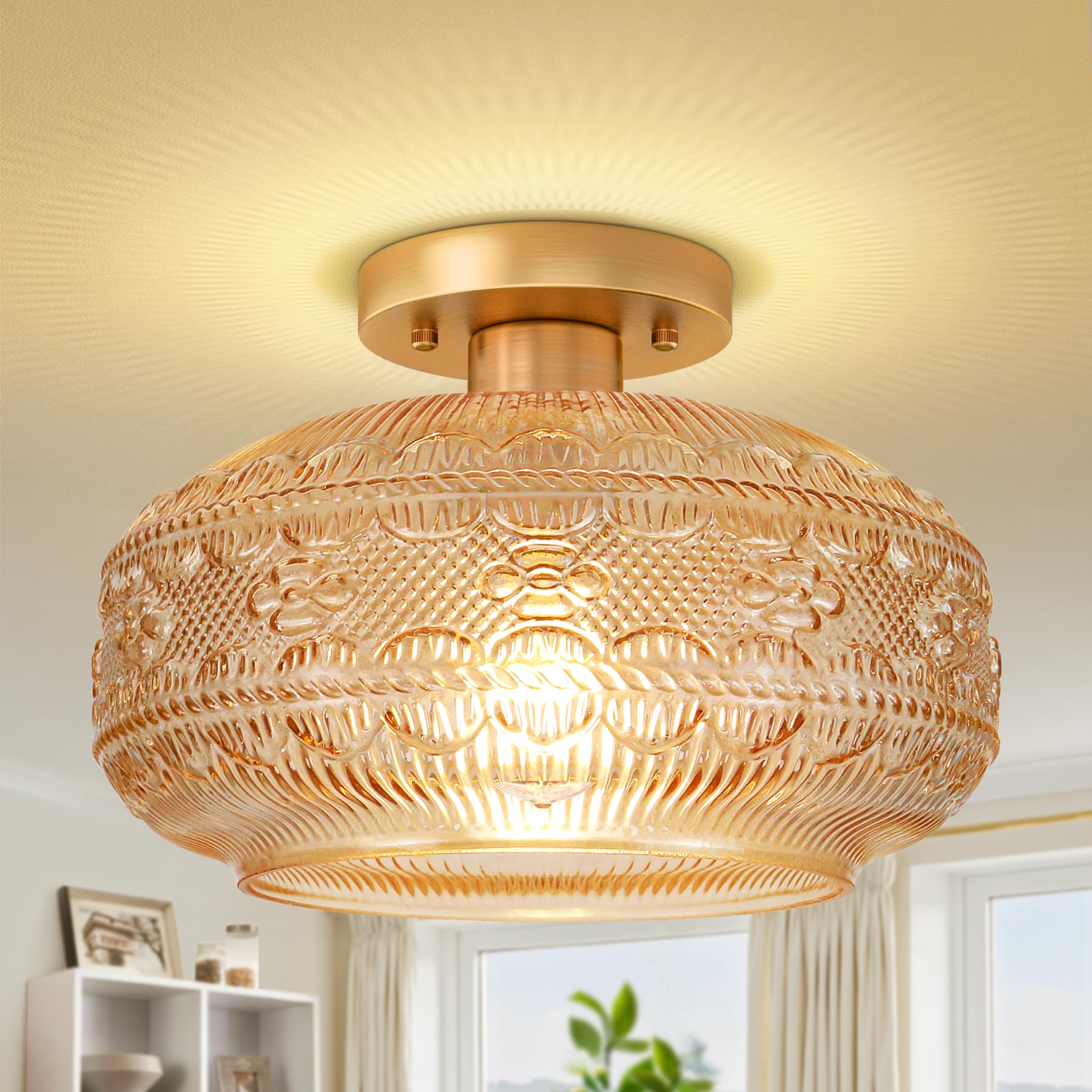 Apoto 11'' Large Semi Flush Mount Ceiling Light,Amber Globe Glass Ceiling Light Fixture,Vintage Hallway Light Fixture Ceiling,Cl
