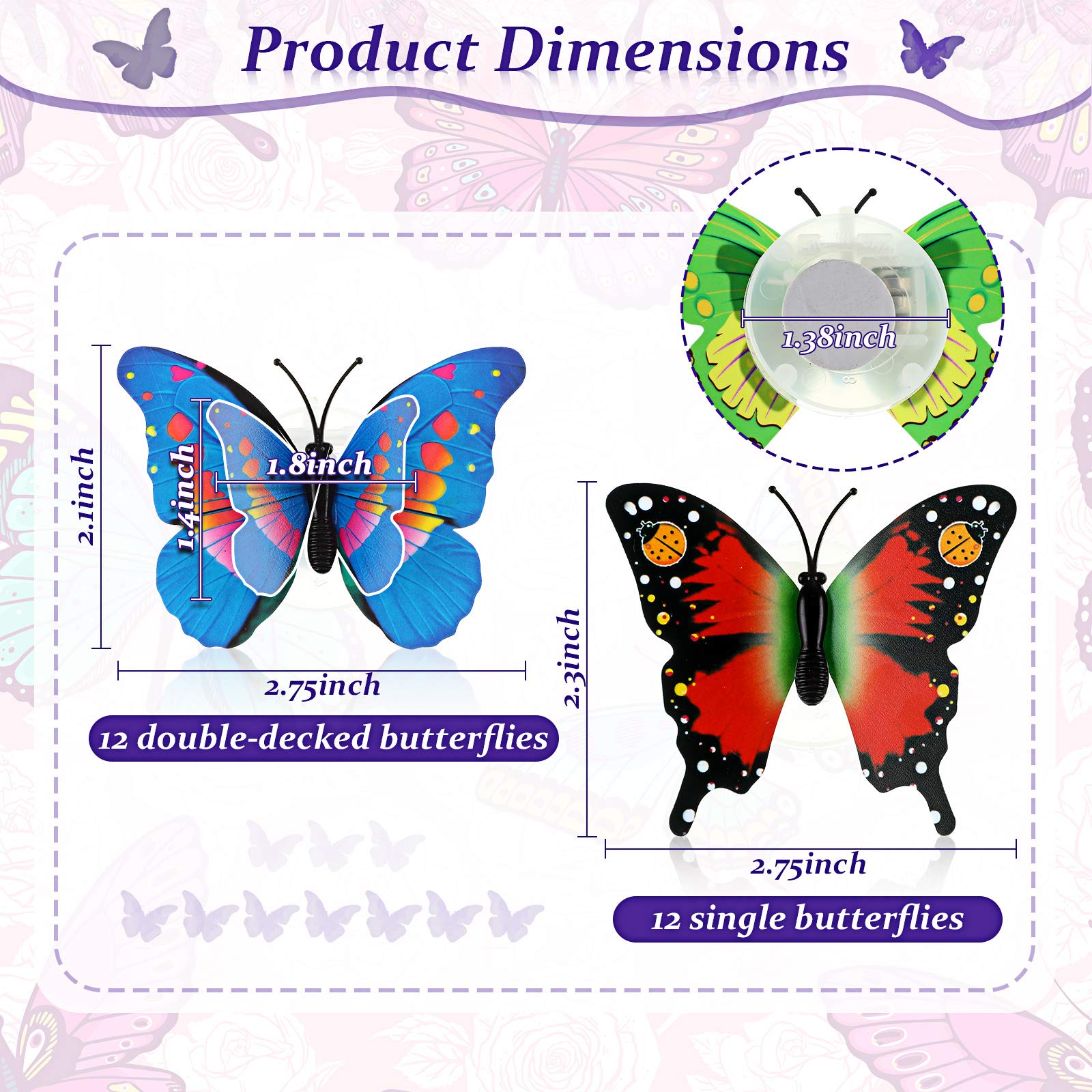 Honoson 24 Pieces 3D Led Butterfly Decoration Night Light Sticker Single And Double Wall Light For Garden Backyard Lawn Party Fe