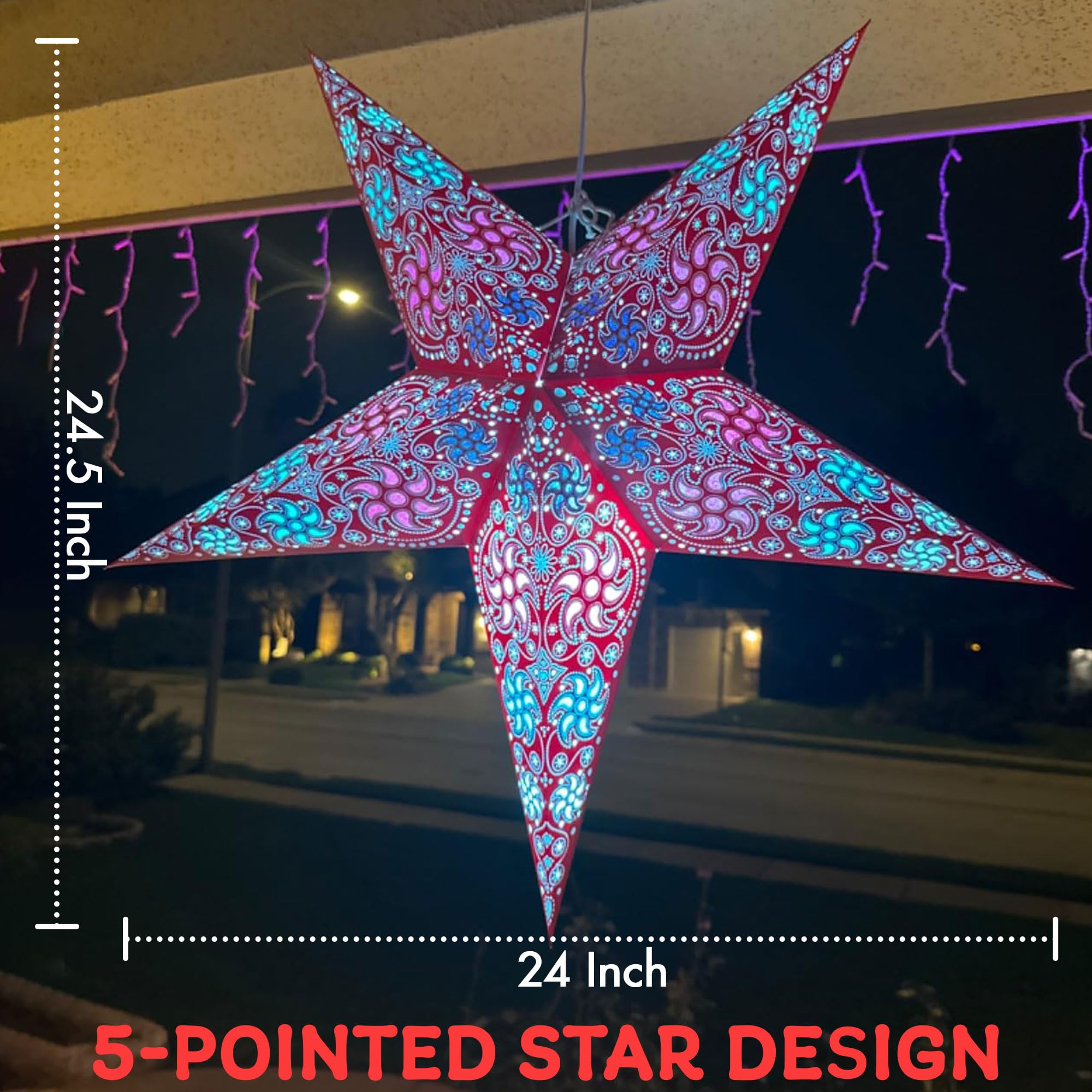 GalaxyArts Paper Star Lantern, 24 Inch, Medium, Chakra Red, 3D Hollow Out, Fairy String Lights for Indoor Outdoor Decoration