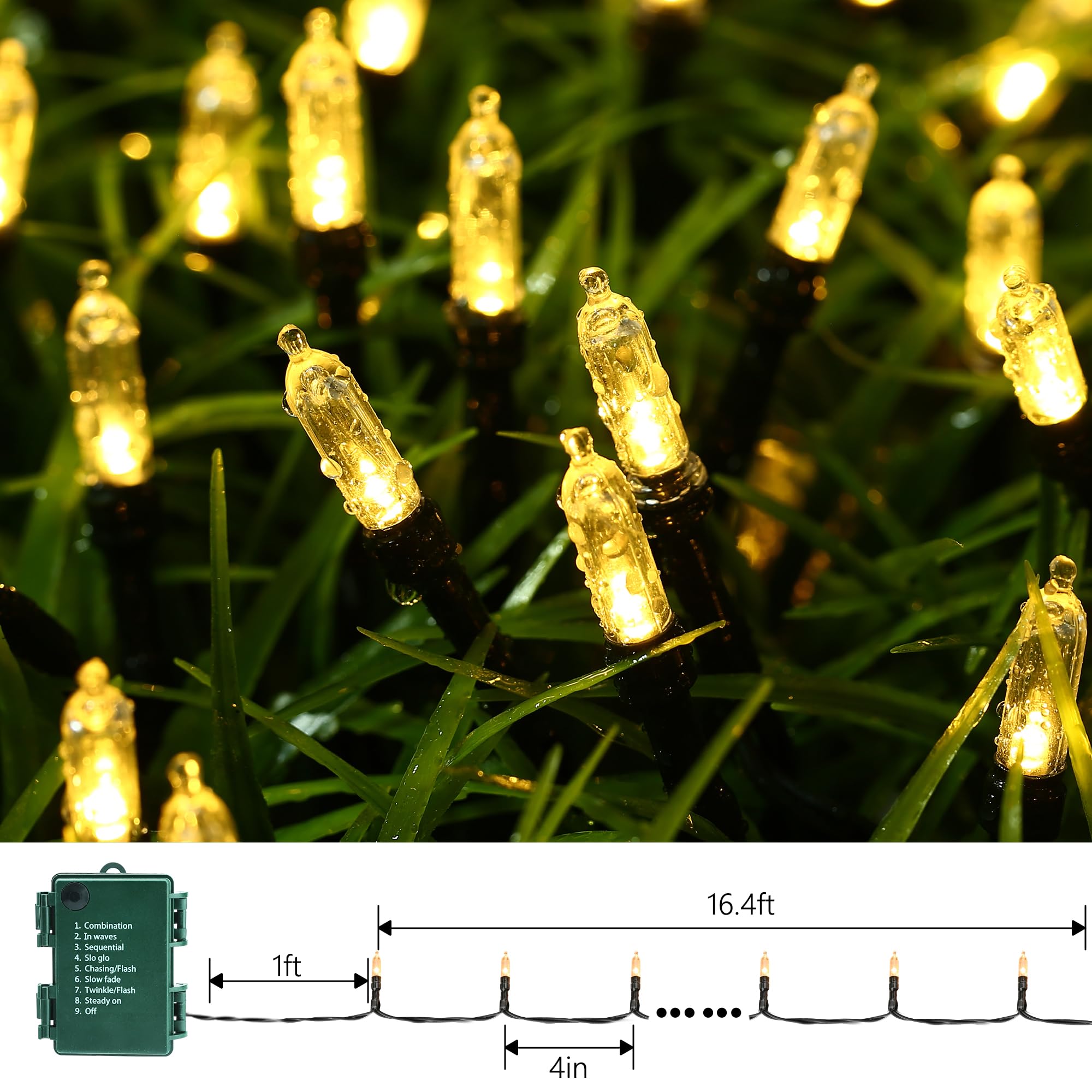 Lomotech Battery Operated Christmas Lights - 4 Pack Total 66Ft 200Leds Mini String Lights 8 Modes Waterproof With Timer For Home  Garden  Party  Holiday  Tree Decoration (Green Wire  Warm White)