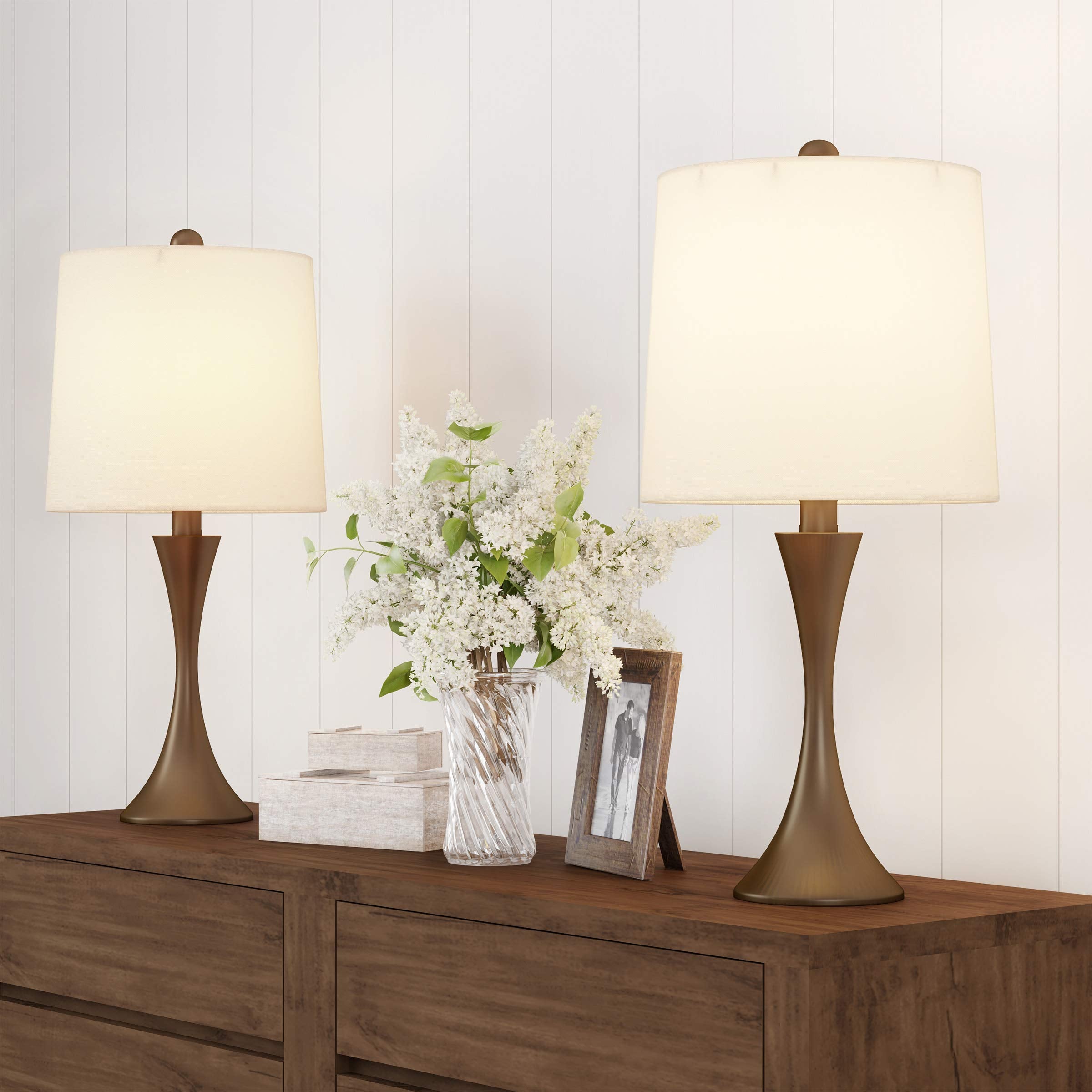 Table Lamps - Set Of 2 Mid-Century Modern Lights With Metal Flared Trumpet Base - Includes Energy Efficient Led Light Bulbs By L