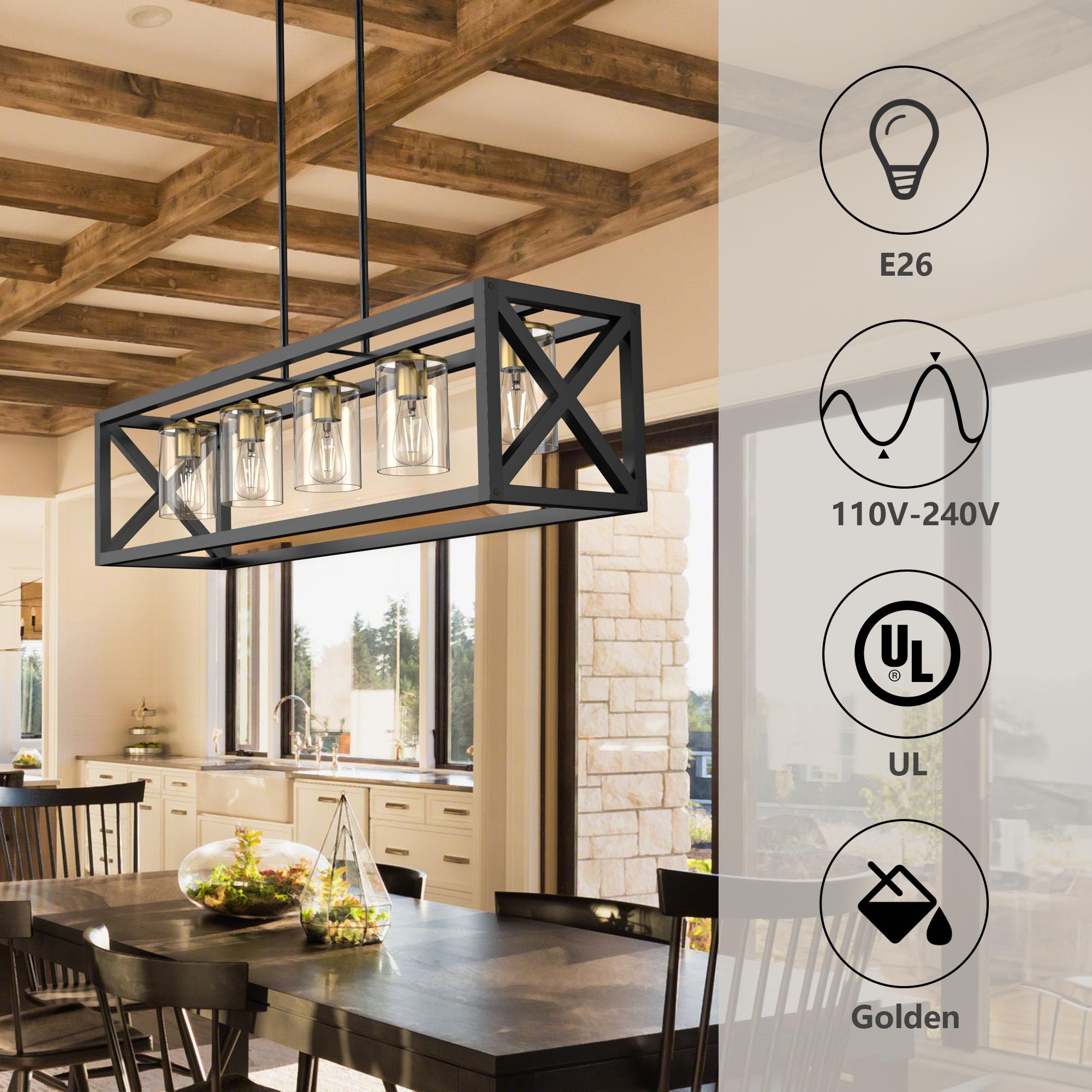 Espird Black Gold Dining Room Light Fixture - 5 Light Chandeliers For Dining Room With Clear Glass Shade & Adjustable Height & T