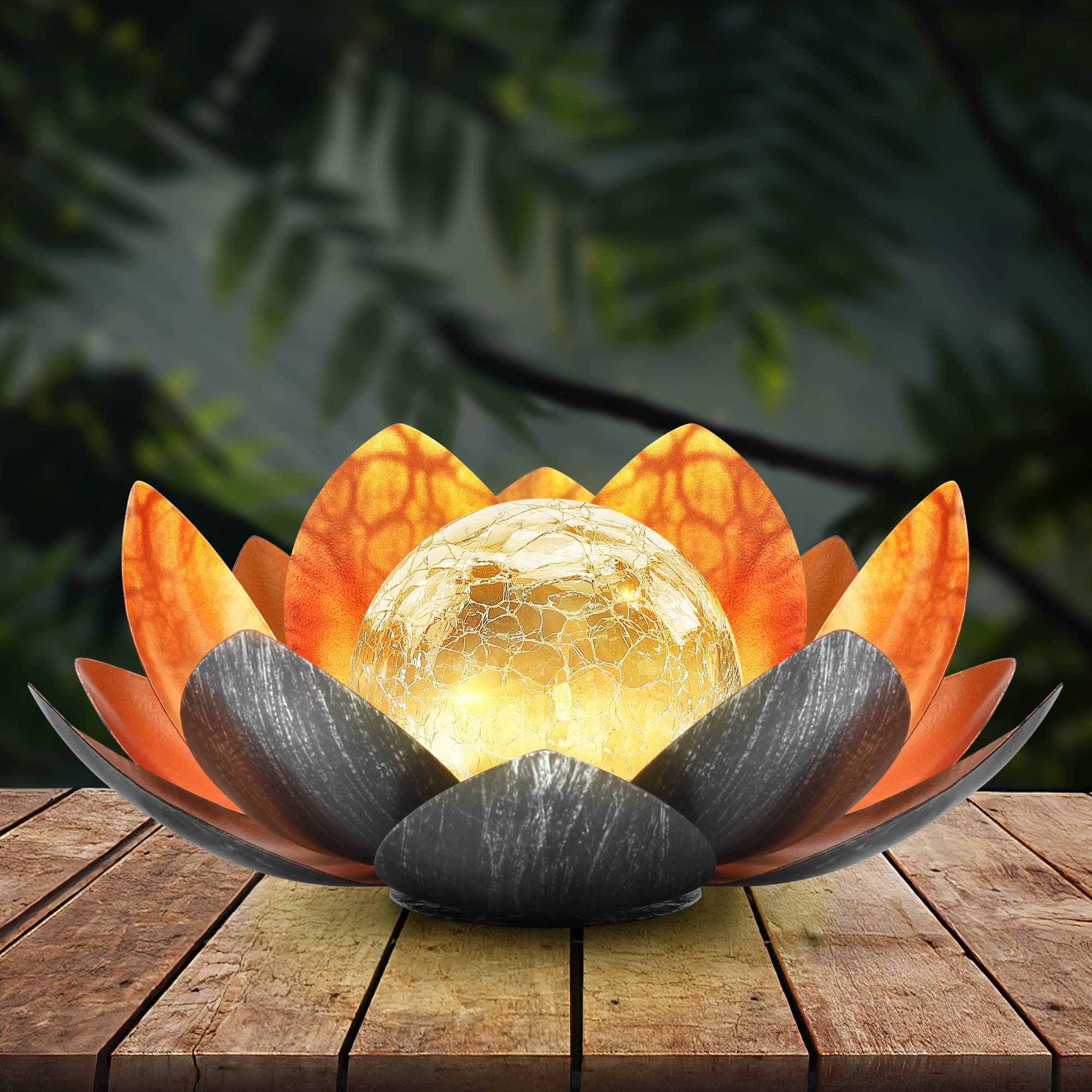 QZHP Outdoor Solar Lights,  le Glass Globe, Waterproof Metal Lotus, Copper, Model HP001