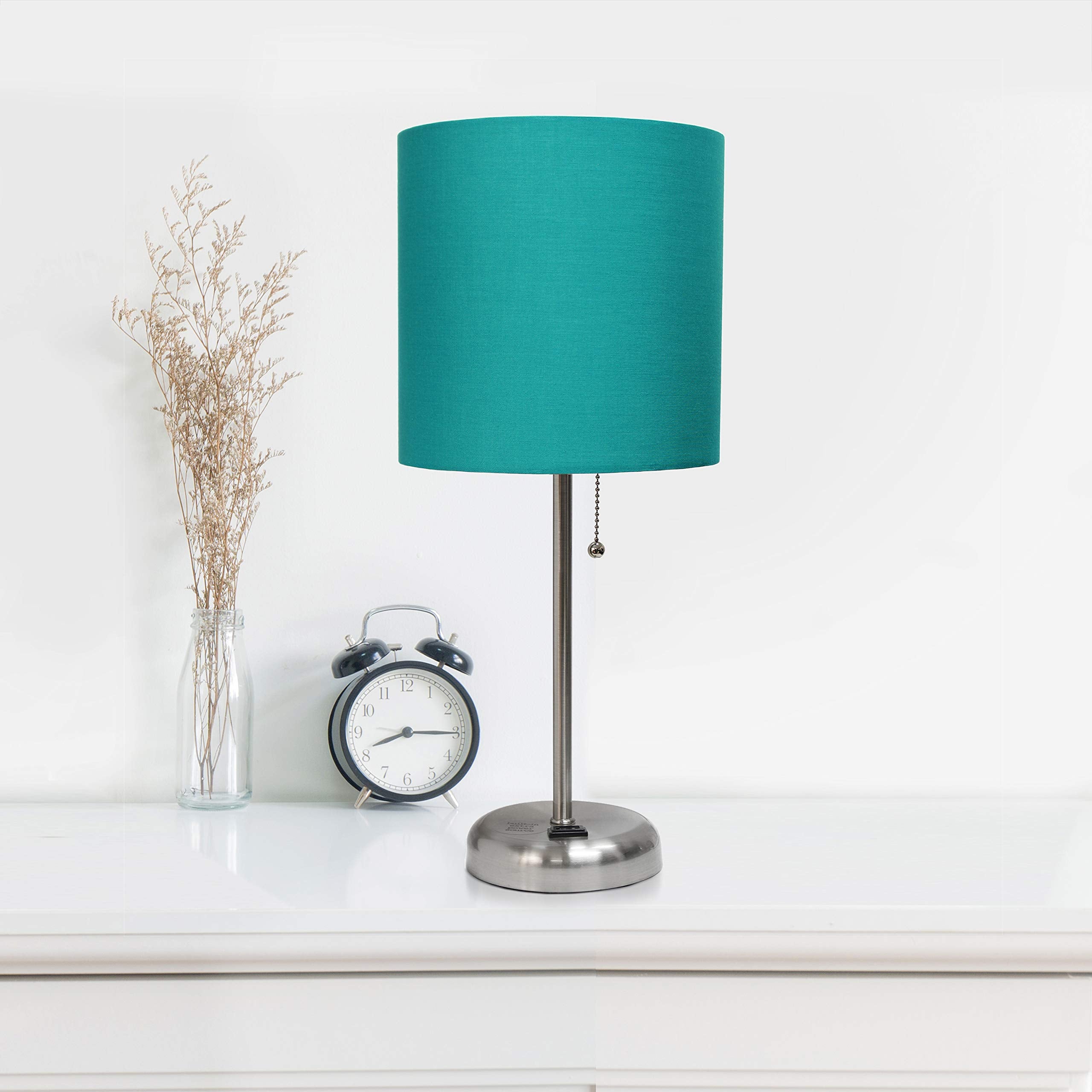 Simple Designs Lc2001-Tel-2Pk Brushed Steel Stick Table Lamp Set With Charging Outlet And Teal Fabric Shades, 2 Pack Set