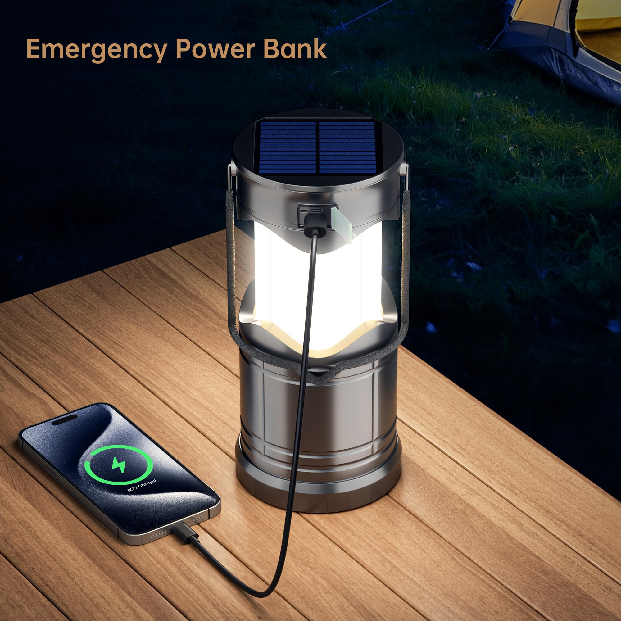 Lichamp Solar Camping Lantern 2-Pack, USB Rechargeable LED, ABS, Dark Gray, Model CLS-K002GH, Emergency Indoor & Outdoor Use