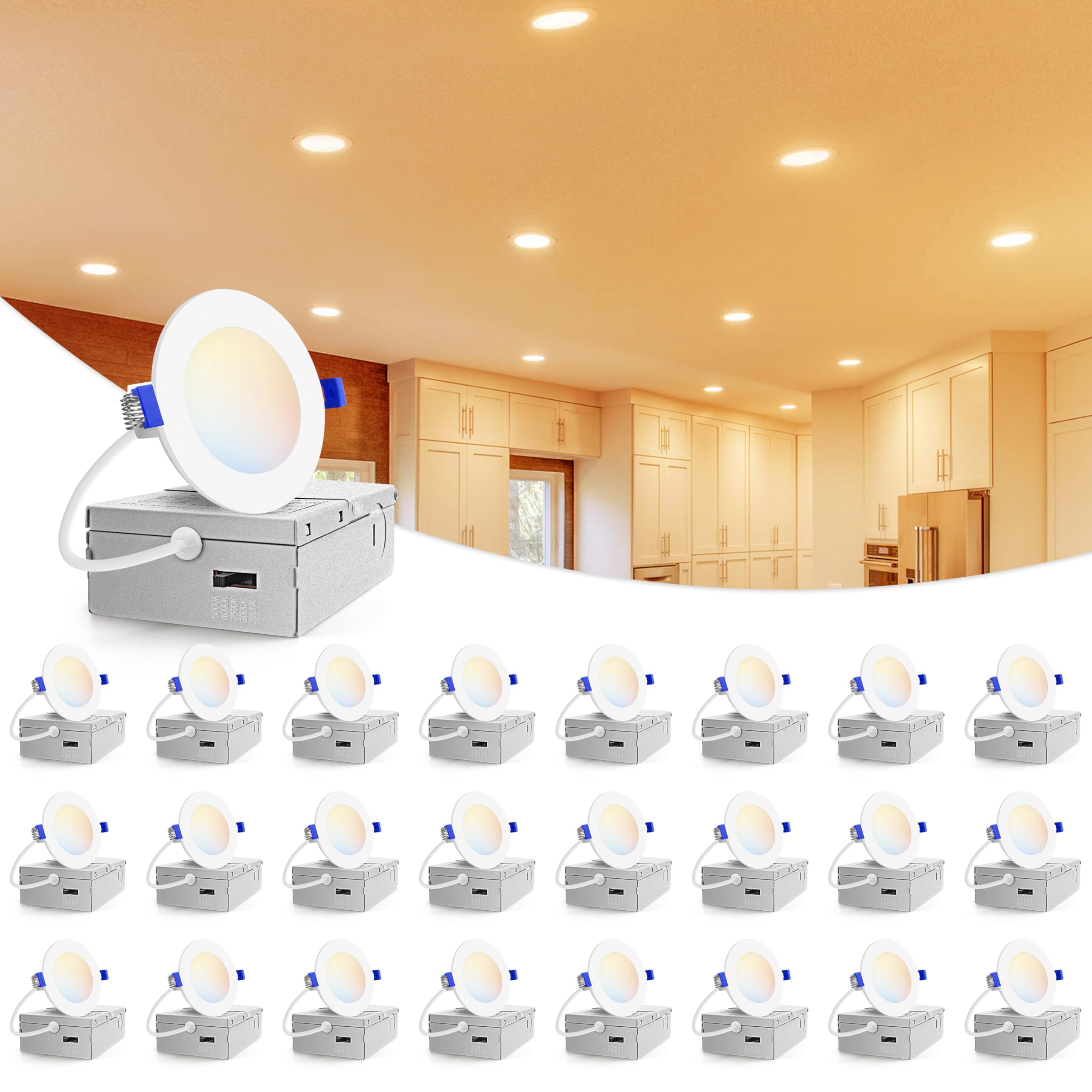 VOLISUN 24 Pack 3 inch Recessed Lighting  5CCT LED Recessed Light with Junction Box  2700K-5000K Selectable  Dimmable Canless Wafer Downlight  LED Ceiling Light ETL Certificated