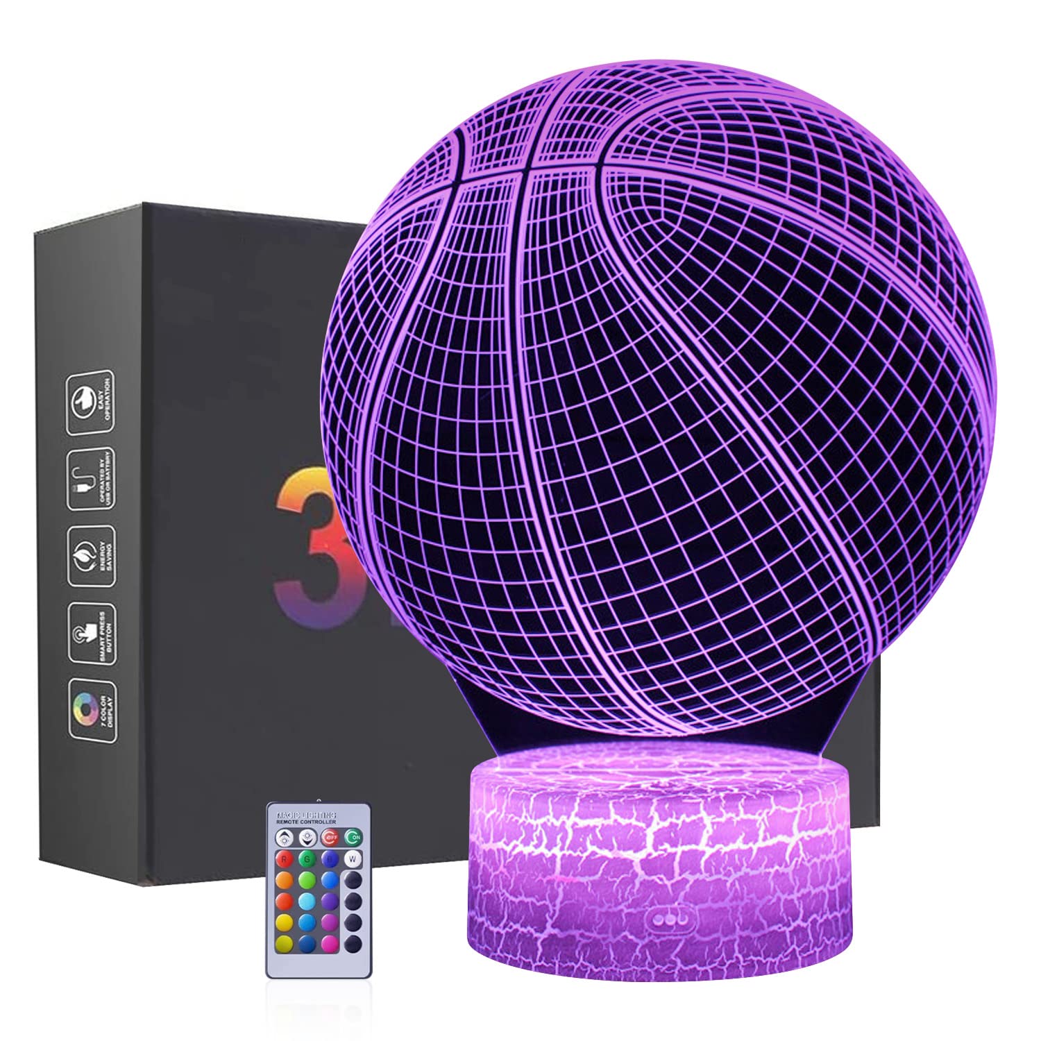 ZoyinGifts Basketball Night Light, 3D Illusion Lamp, Remote Control, RGB Colors, Dimmable, Acrylic, Ideal Gift for Kids and NBA Fans