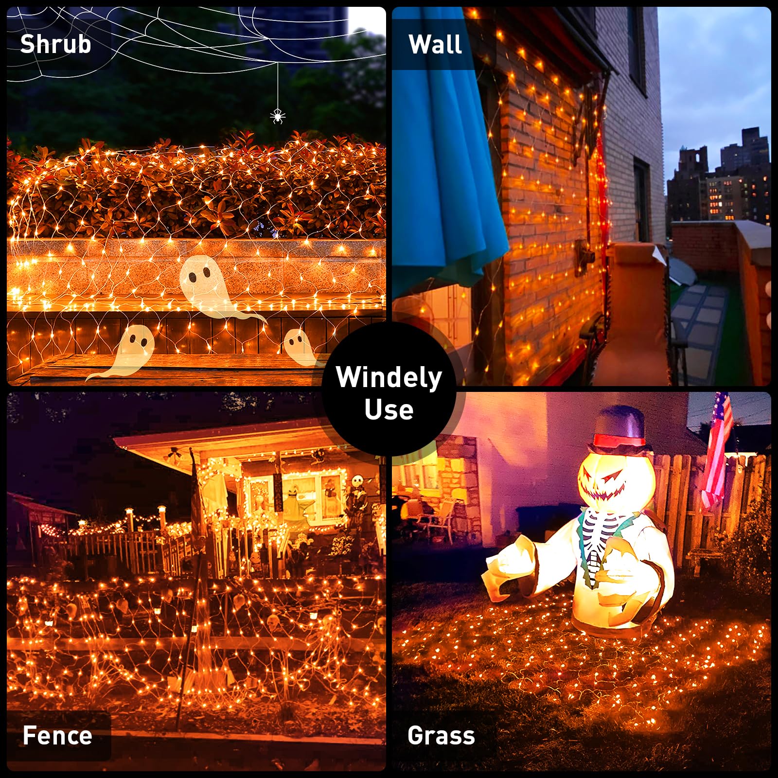 JMEXSUSS Orange Halloween Net Lights, 360 LED, 12ft x 5ft, 8 Modes, Waterproof, Remote Connectable, Model EXS-N-0360-R