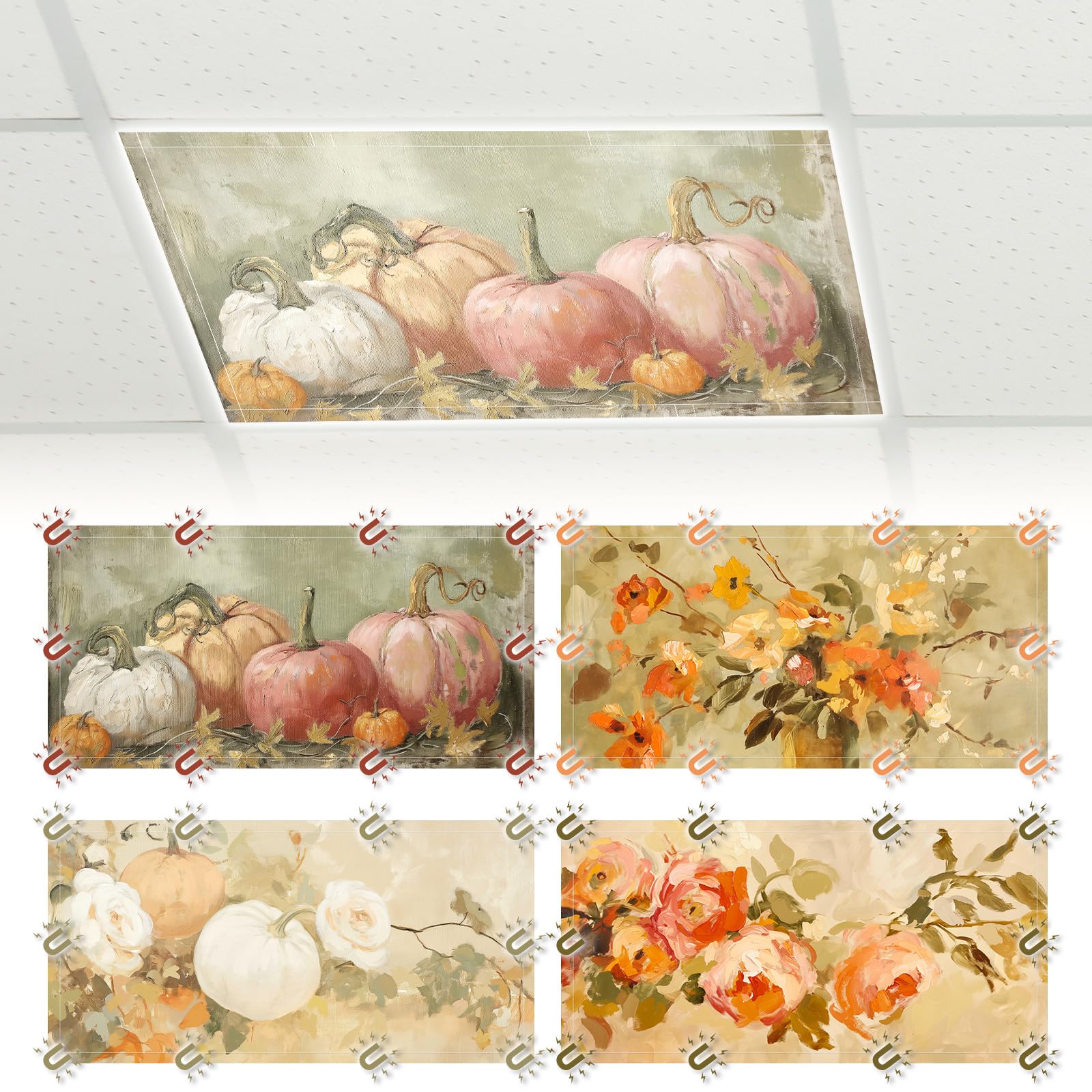 Glooglitter 4 Pcs Fall Fluorescent Light Covers 4 x 2 ft Pumpkin Magnetic Office Light Cover for Ceiling with 10 Magnets Autumn 