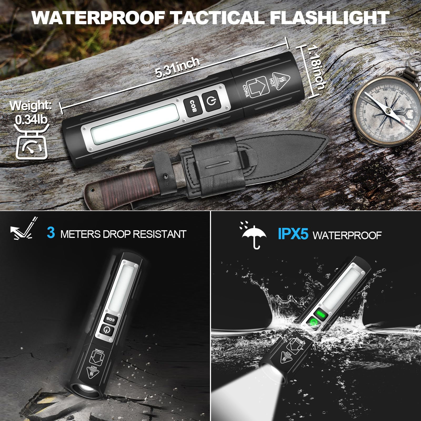 Banral Rechargeable Tactical Flashlight - 8 Modes, High Lumens, Pure Black, Model K-2309C-PB, Compact & Magnetic for Camping