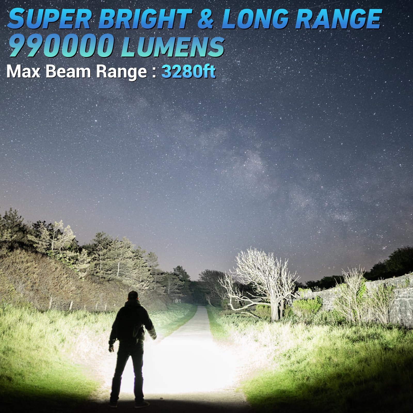 SKNSL Rechargeable LED Flashlight High Lumen 990,000 Lumens 7 Modes IPX7 Waterproof Black Model M001-COB