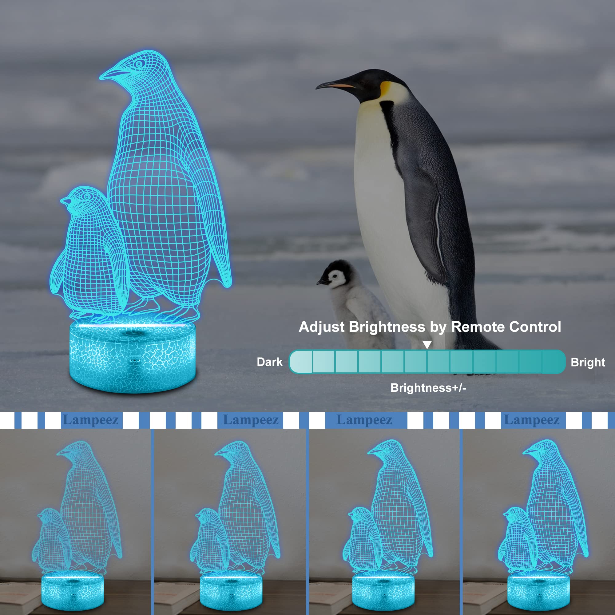 CooPark Penguin 3D Night Light - Multicolor, Remote Control, Dimmable, 16 Colors, Kids Bedroom Decor, Model FS-5200LY
