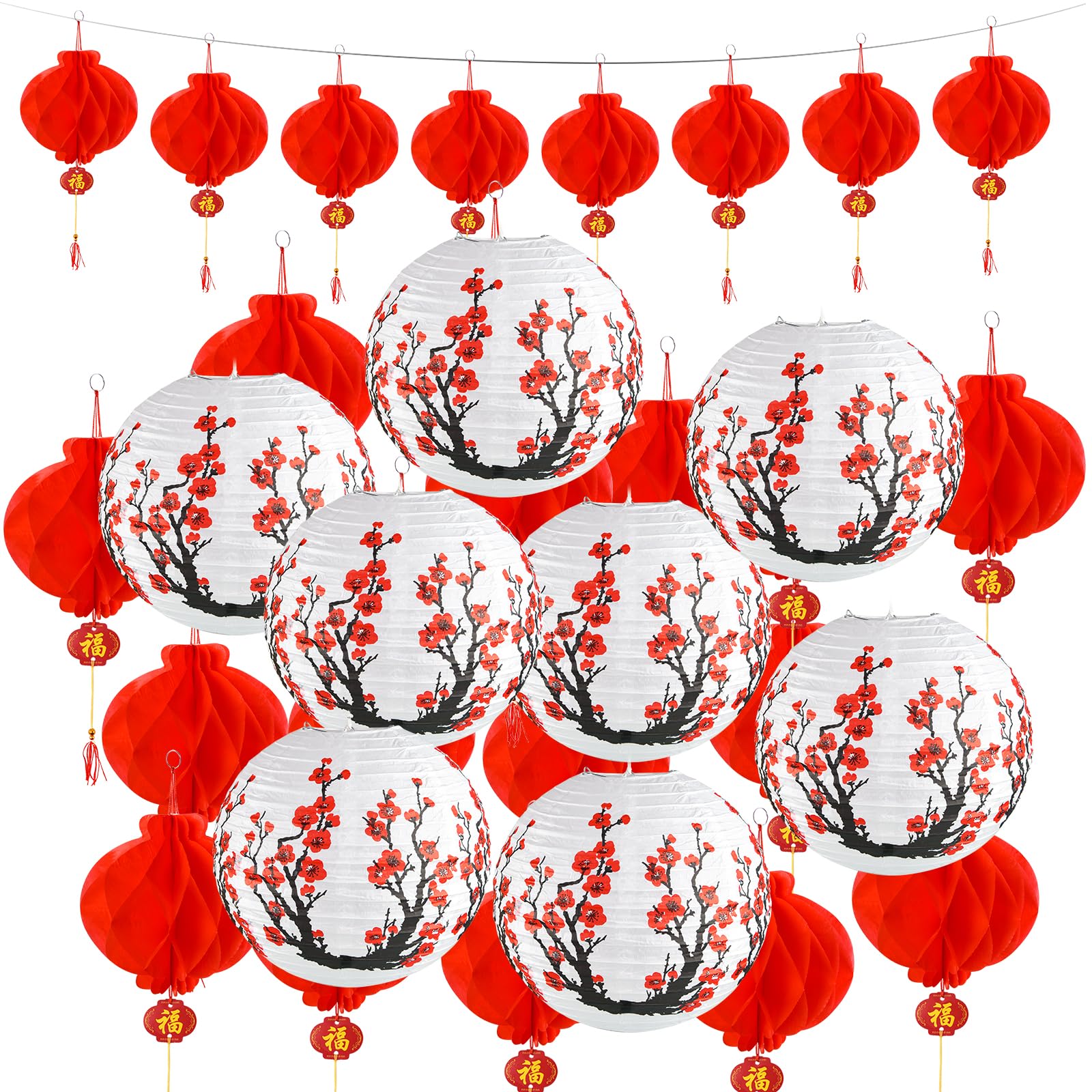 30 Pack Chinese Japanese Paper Lanterns Decoration With 12 Inch Cherry Blossom Hanging Paper Lanterns Lamp 7.9 Inch Chinese Red 