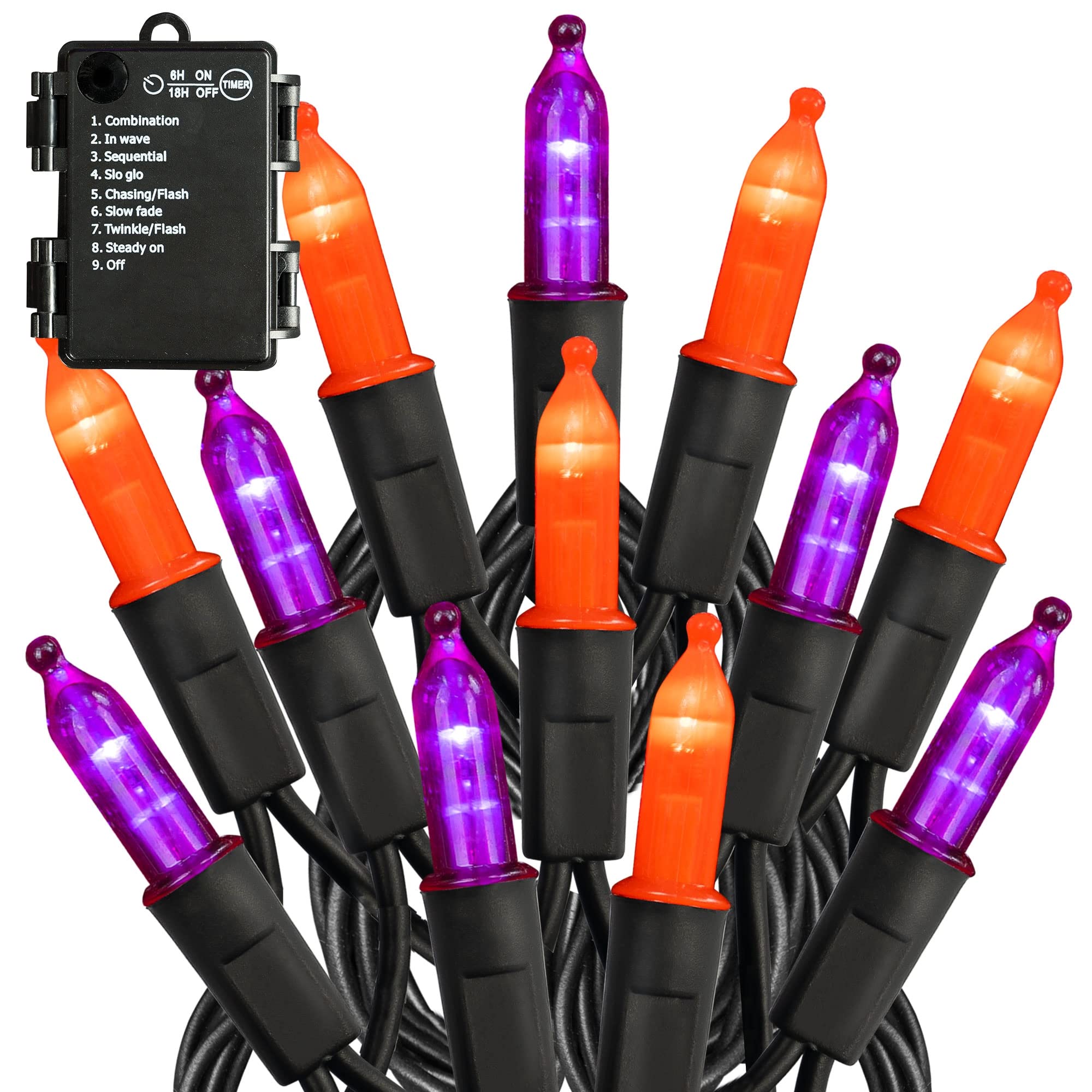TW SHINE Halloween String Lights, 50 LED, 16FT Waterproof, 8 Modes, Purple & Orange