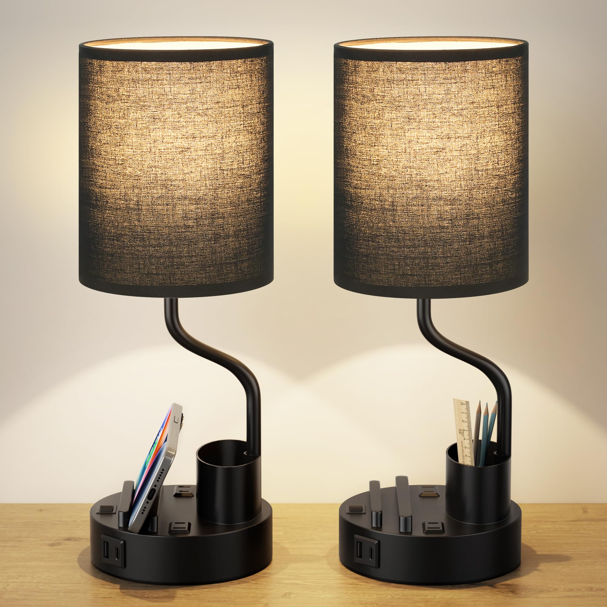Black Bedside Table Lamps for Bedroom Set of 2 - Nightstand Light with AC Outlet and USB A & C for Charging, 3 Color Temperature