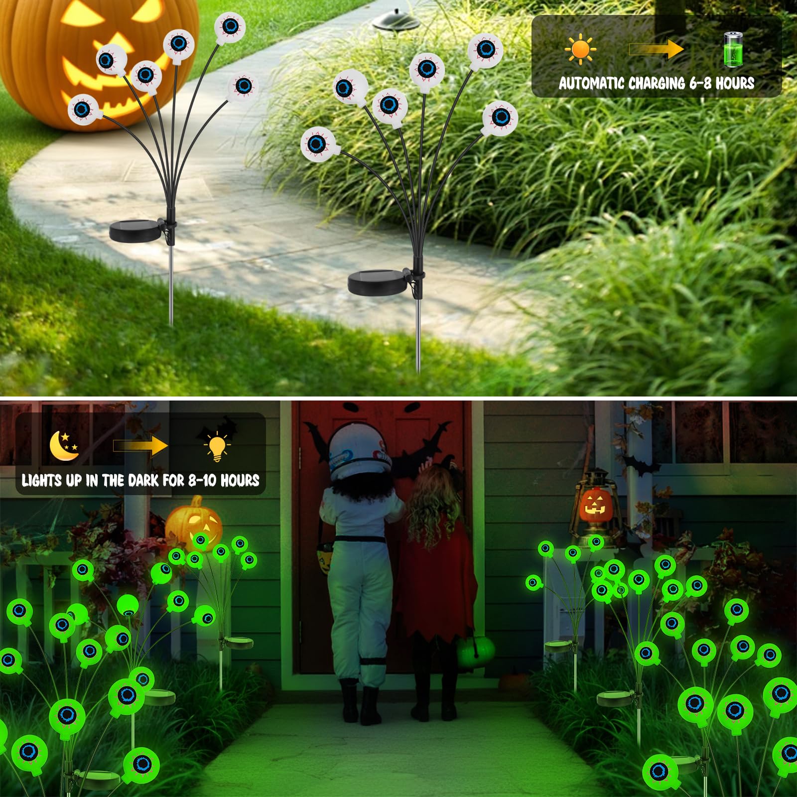 Halloween Decorations Outdoor Solar Halloween Lights, 2 Pack 12 Led Scary Halloween Eyeball Lights Solar Firefly Swaying Lights, Halloween Solar Lights For Outside Path Yard Garden Lawn Decor, Green
