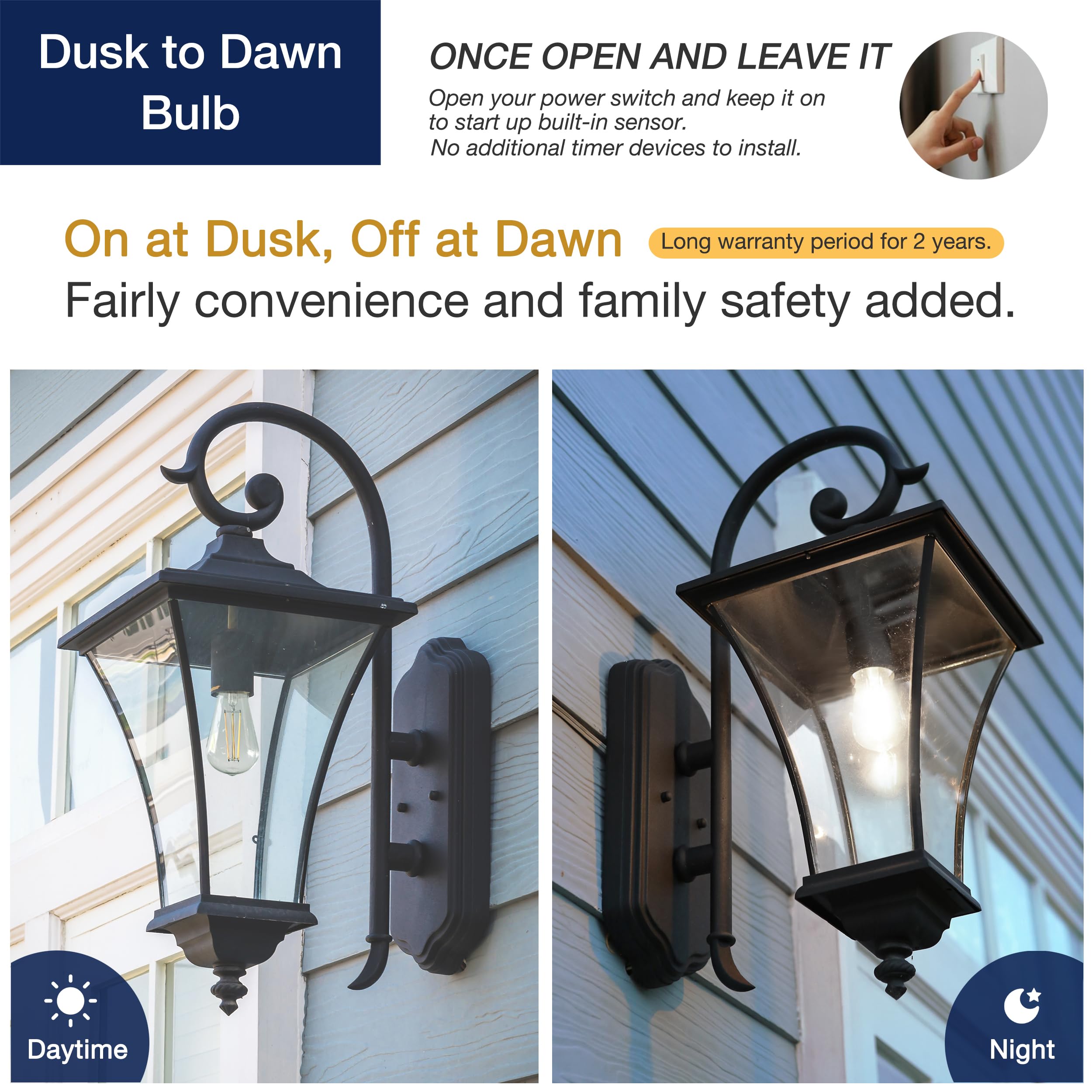 Flsnt Dusk To Dawn Outdoor Sensor St19 Led Edison Bulb, 5000K Daylight, 8W (100W Eqv.), 1400Lm,Vintage Filament E26 Base, Auto O