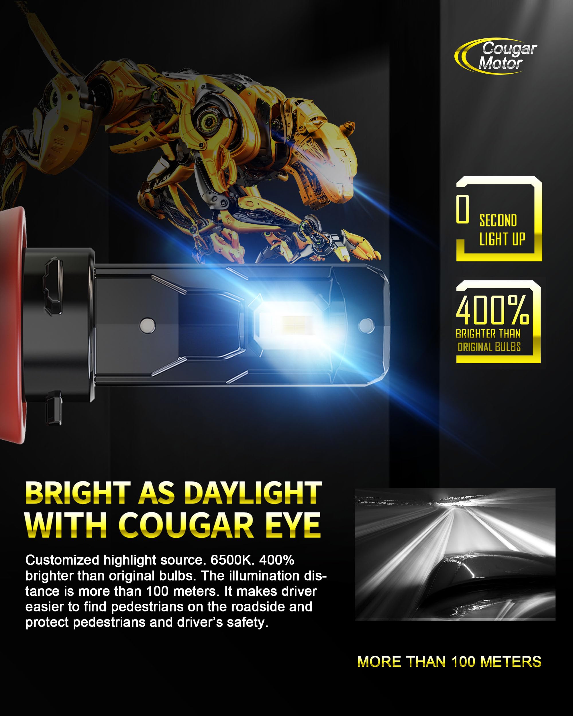 Cougar Motor H11 Bulbs - Wireless 6500K White Slim Non-Polarity Fog Lights, H11/H8/H9, Pack of 2