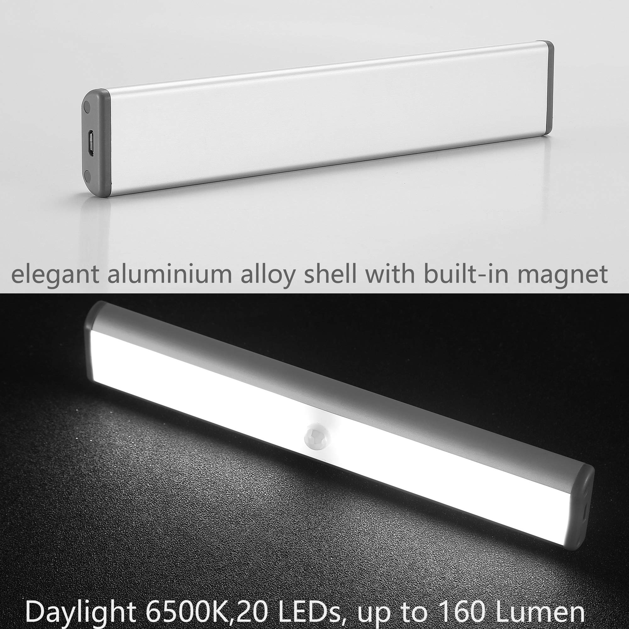 MOSTON Motion Sensor Closet Lights, 20 LED Cordless Night Lamp, Rechargeable, 7.5x1.4x0.5 inch, Silver, Model DL002B