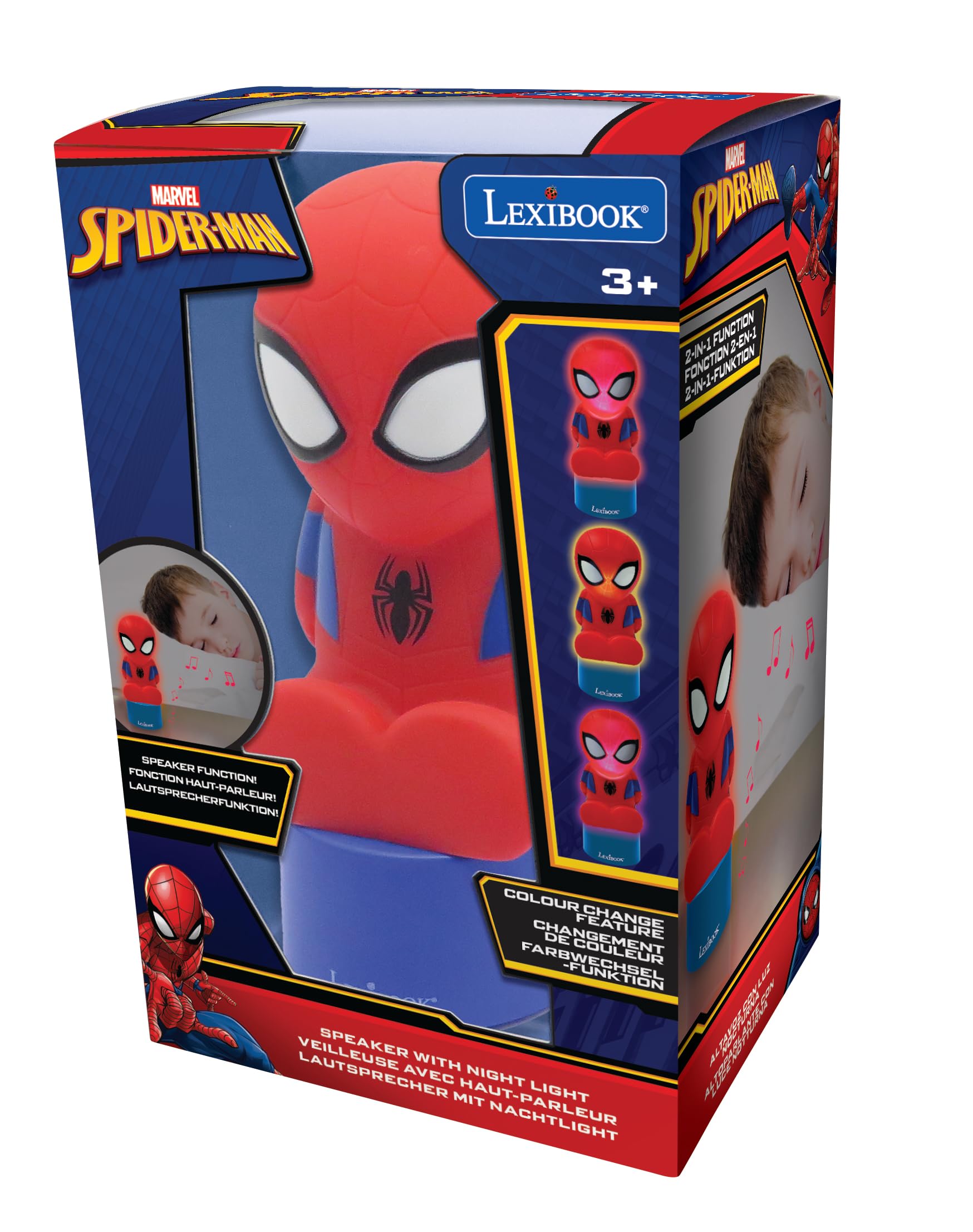 LEXiBOOK Spiderman, Nightlight and Speaker for Childrens Room, Color Change, Soft Light, Battery Operated, Blue/Red, NS01SP