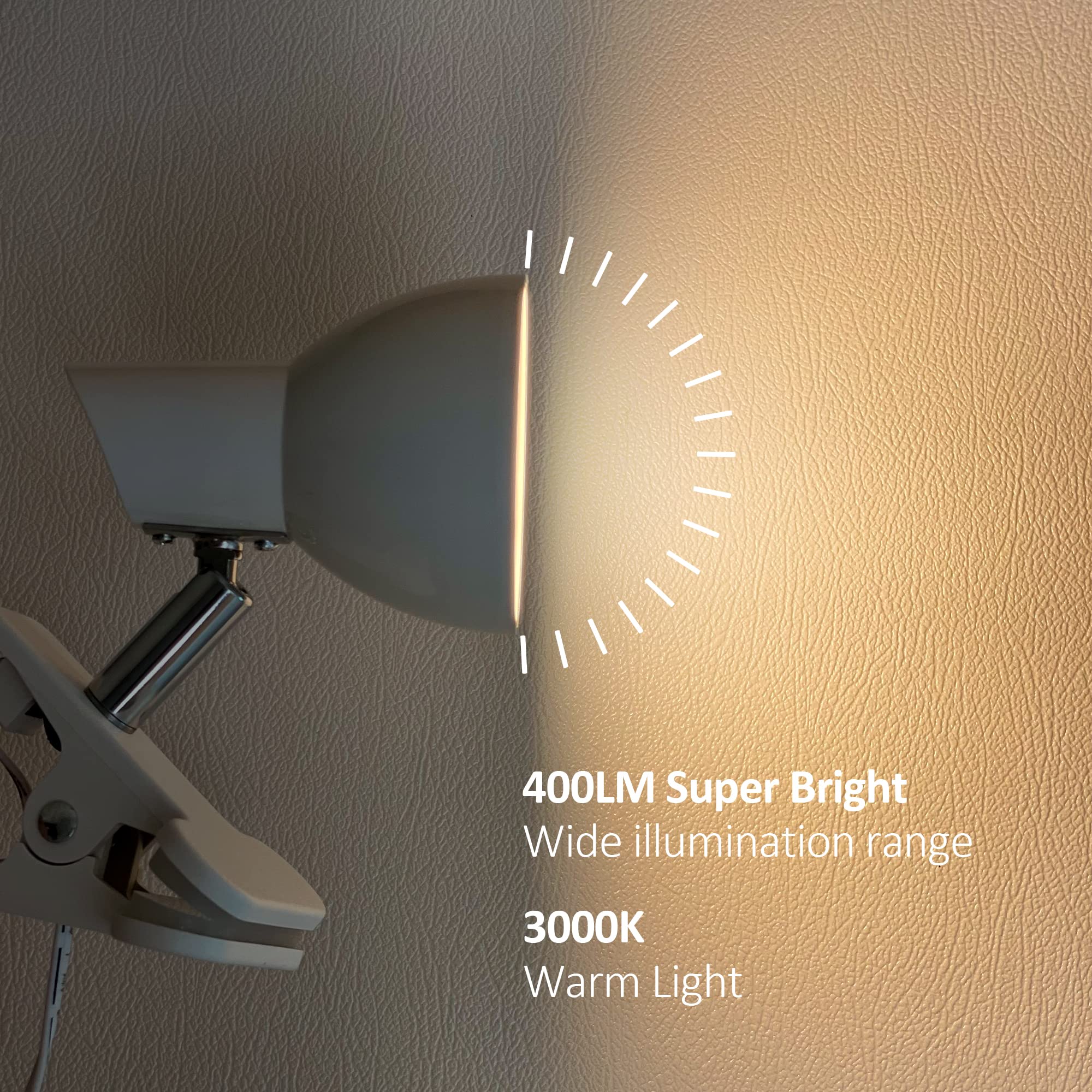 TOPMB LED Clip-On Lamp, 5W Super Bright, 330° Rotation, White, Model HC001, Compact Design for Desk/Table/Bed