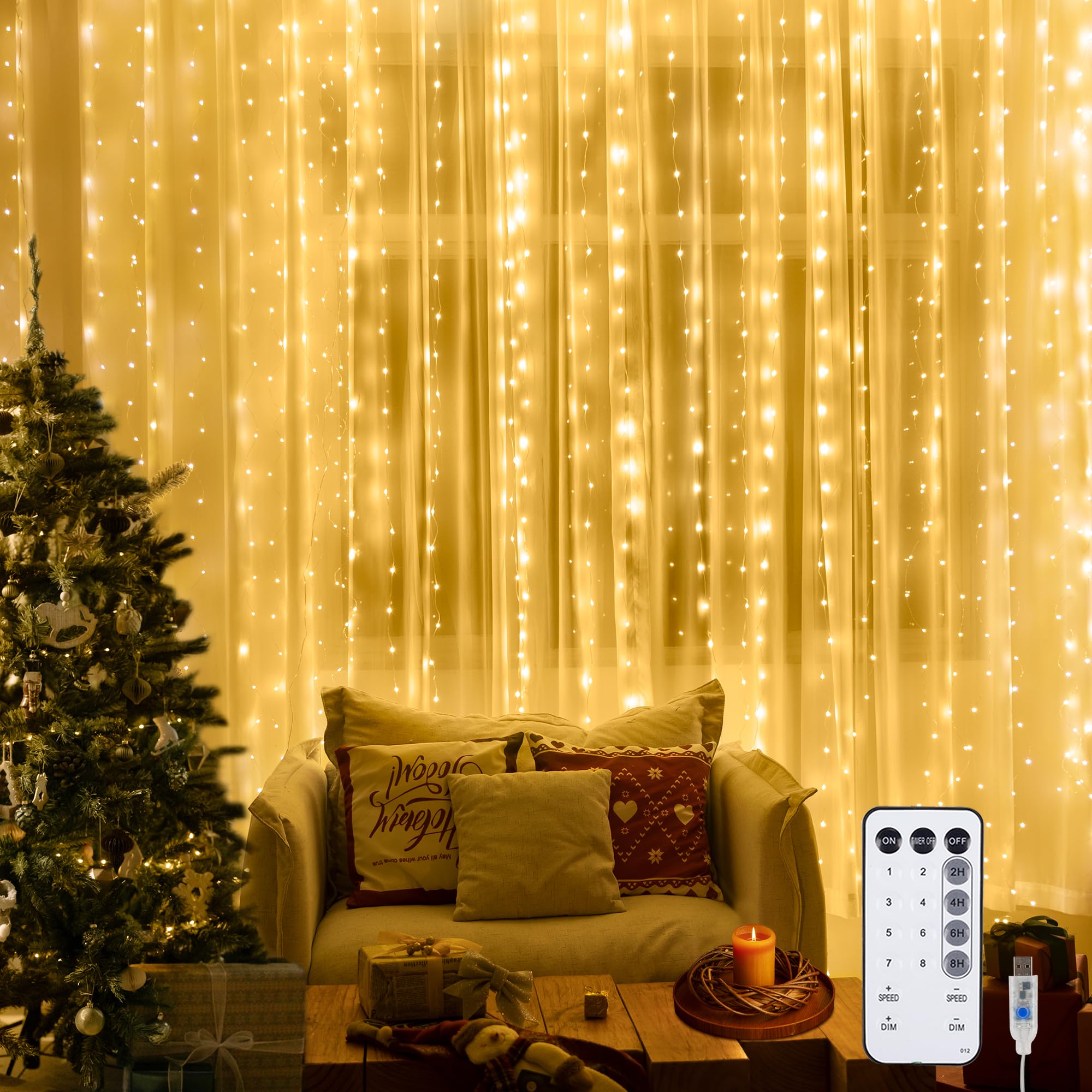 NWLIGHT Curtain Lights for Bedroom, 9.8x9.8 Ft Fairy Lights Curtain with Remote, 300 LED Curtain String Lights 8 Flashing Modes 