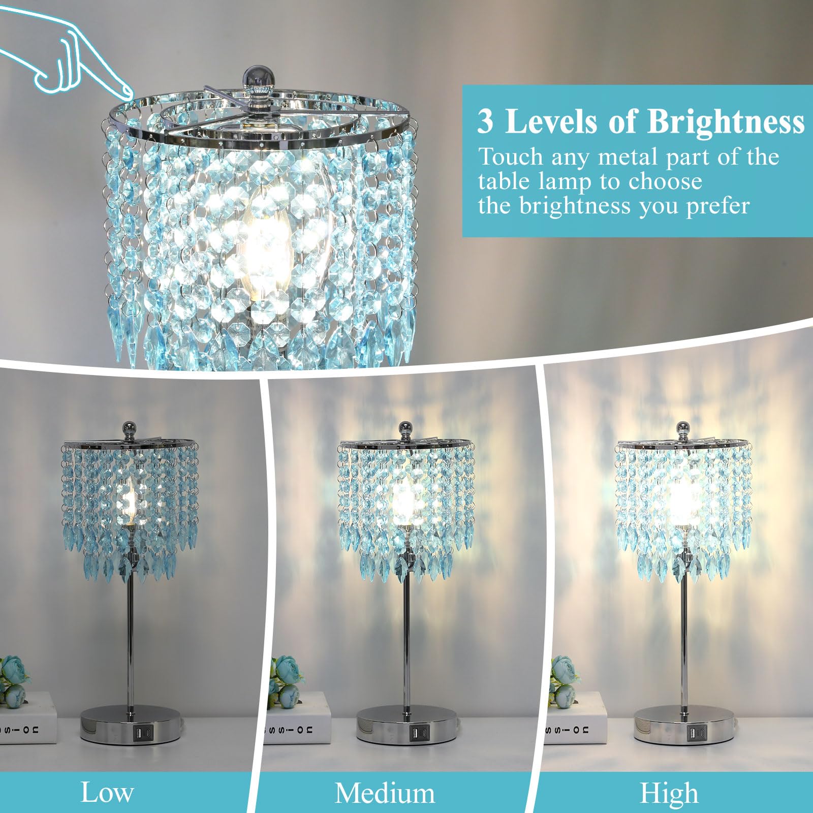 Boncoo Crystal Table Lamp, Teal Shade, Touch Control, 3-Way Dimmable, Metal, Dual USB Ports, LED Bulb Included