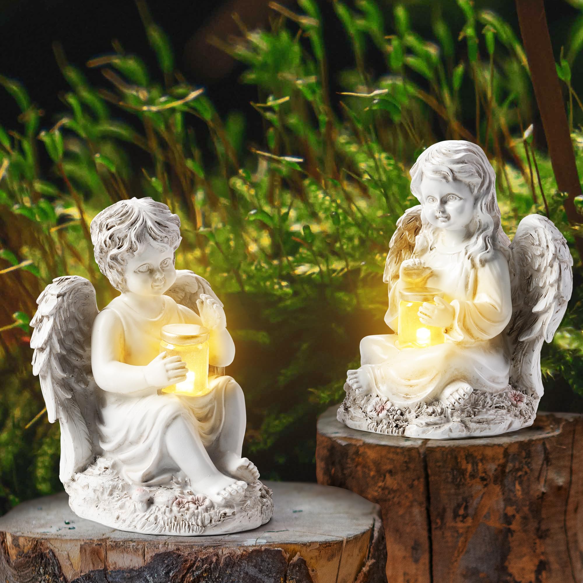 2 Pack Outdoor Angel Statue Garden Decor  Classic Solar Angel Figurine Decoration For Yard Art Indoor Porch Home Lawn Outside Light Up Cherub Sculpture Guardian Wings Angel Memorial Gifts Christmas