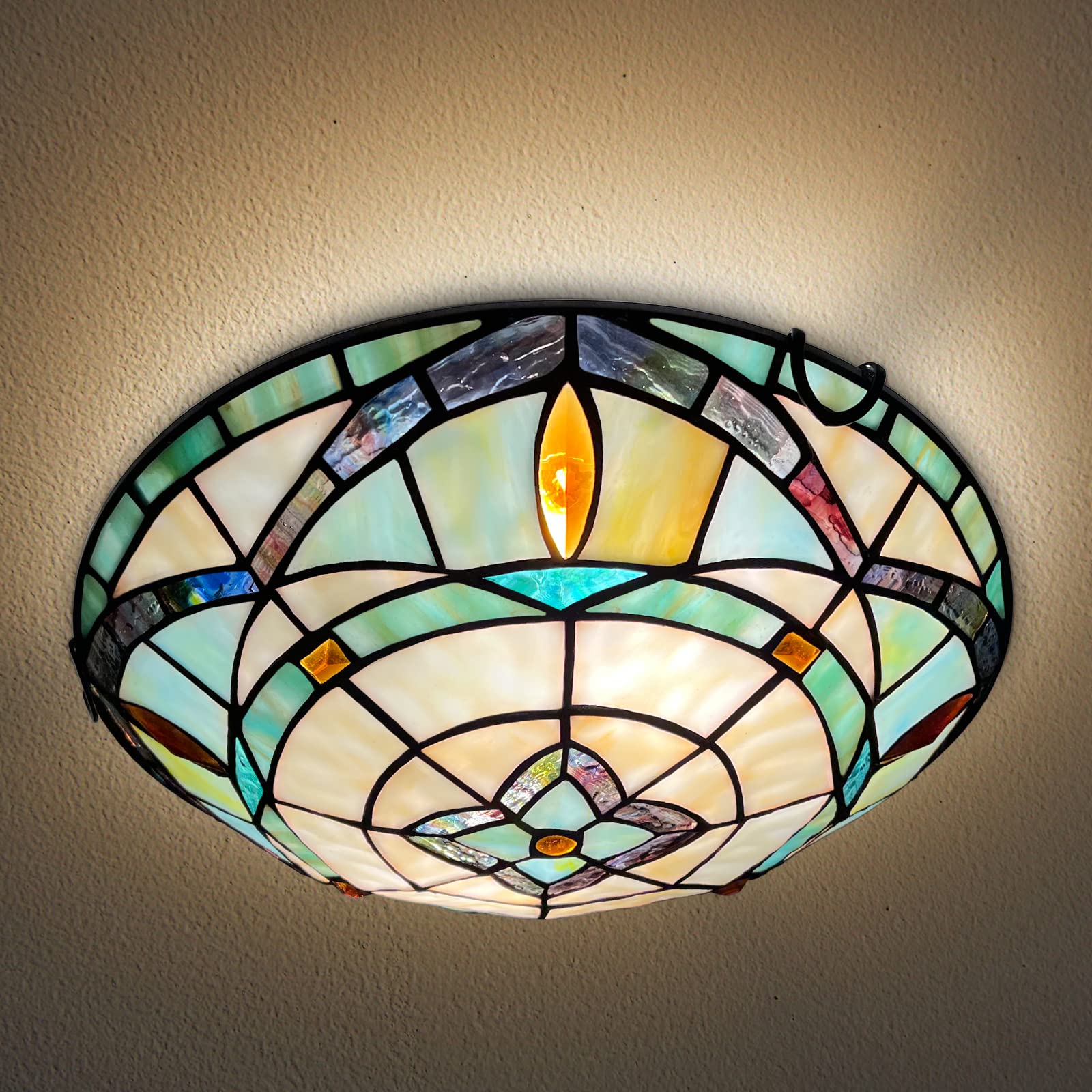 ARTZONE Tiffany Ceiling Light, 2-Lights, Stained Glass, 12 Inch Flush Mount, Blue, Model 2921736a-6b70-41bb-9ce4-
