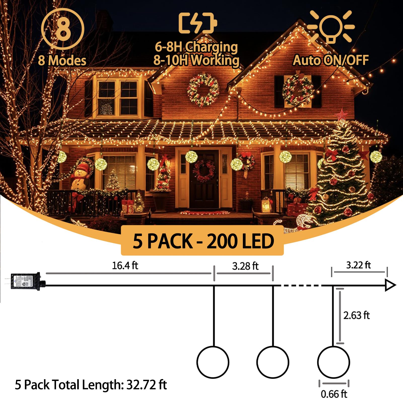 5 Pack 200Led Christmas Ball Lights For Tree Outdoor  8 Modes 7.87In Globe String Lights Waterproof  Sphere Fairy Lights Outside For Window House Garden Yard Porch Indoor Decorations  Warm White