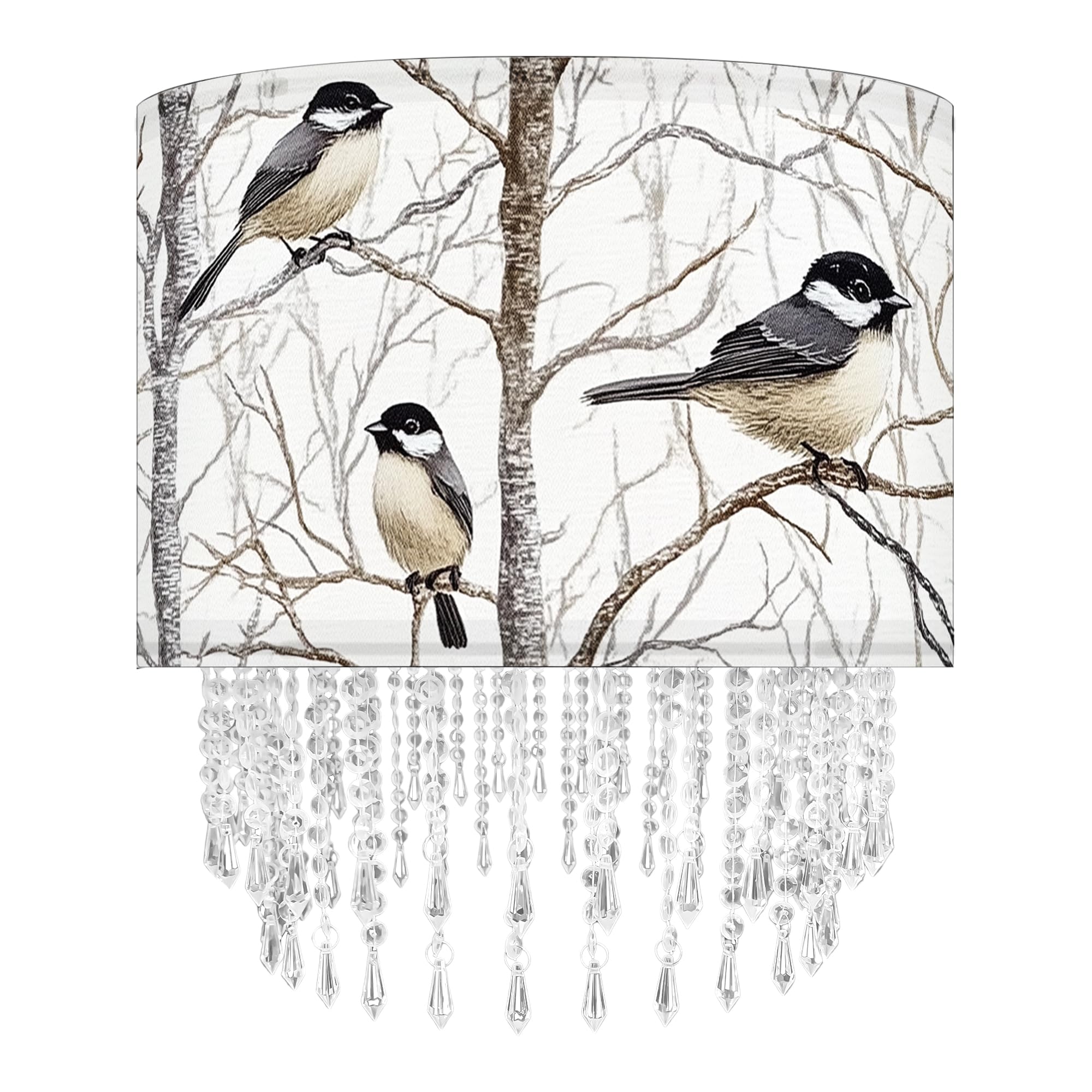 Winter Bird Tree Lamp Shade with Acrylic Bead Droplets, Coal Tit Fabric Light Shade for Pendant Table & Floor Lamp, Nature Gift 