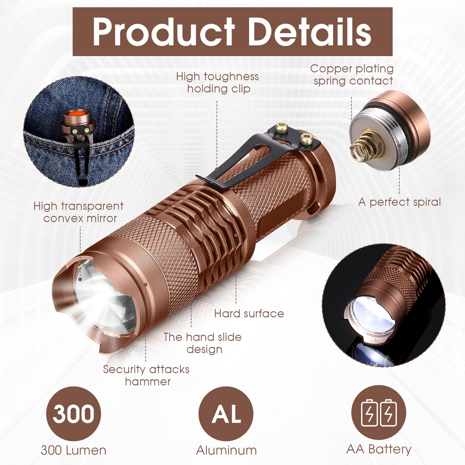 Fumete 20-Piece LED Flashlight - Mini Tactical Torch, Water Resistant, Adjustable Focus, Brown, Model QA-Fumete-3343
