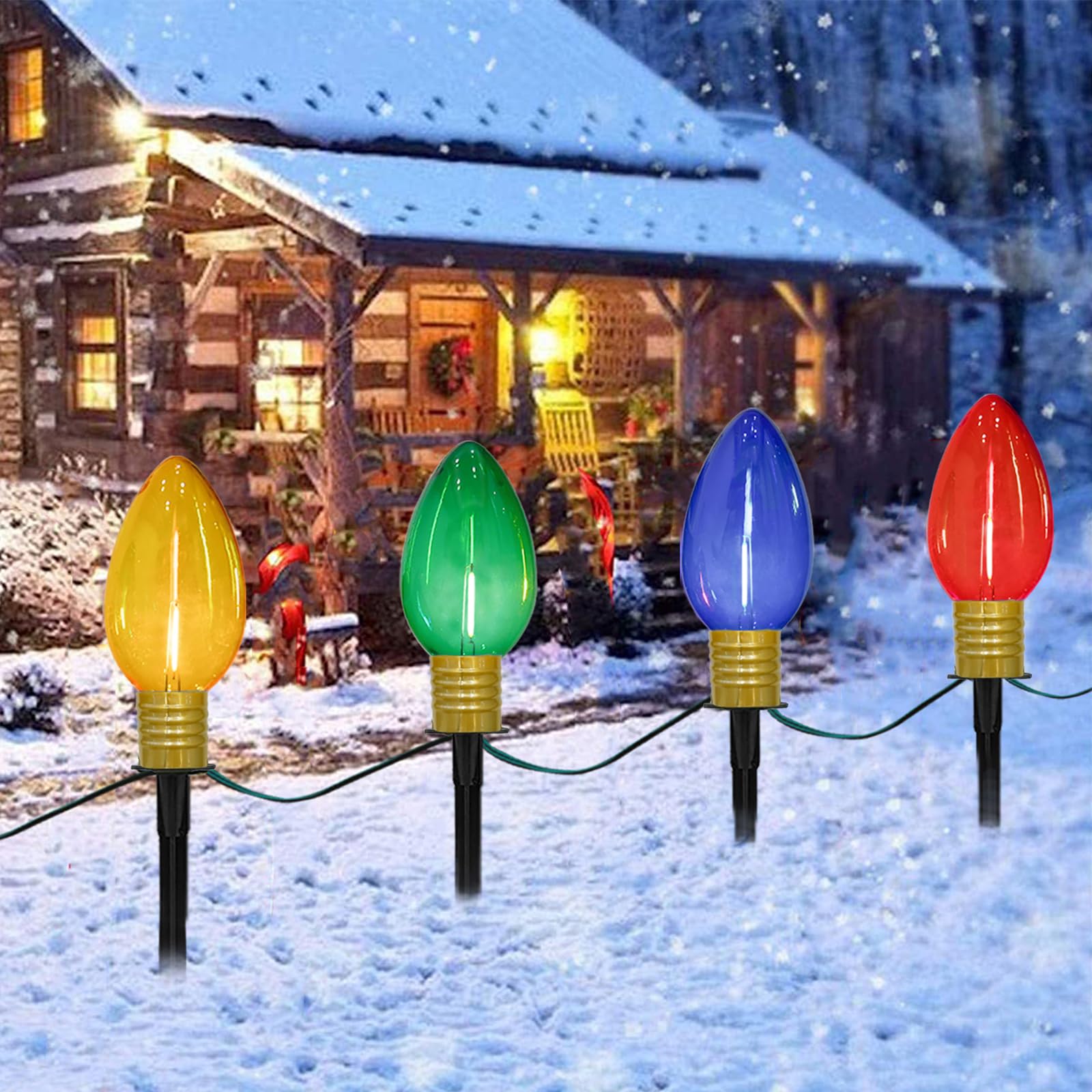 C9 Outdoor Christmas Pathway Lights  Set Of 4 Outdoor Lawn Christmas Lights With C9 Clear Multicolored Jumbo Led Bulbs  7Ft Connectable Marker Stake Lights For Holiday Outside Yard Garden Decor