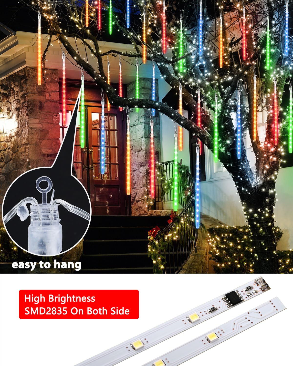 Flacchi 20 Tubes Meteor Shower Icicle Lights, 480 Led Multi-Colored Raindrop Lights With Timer For Holiday Party & Christmas Decor