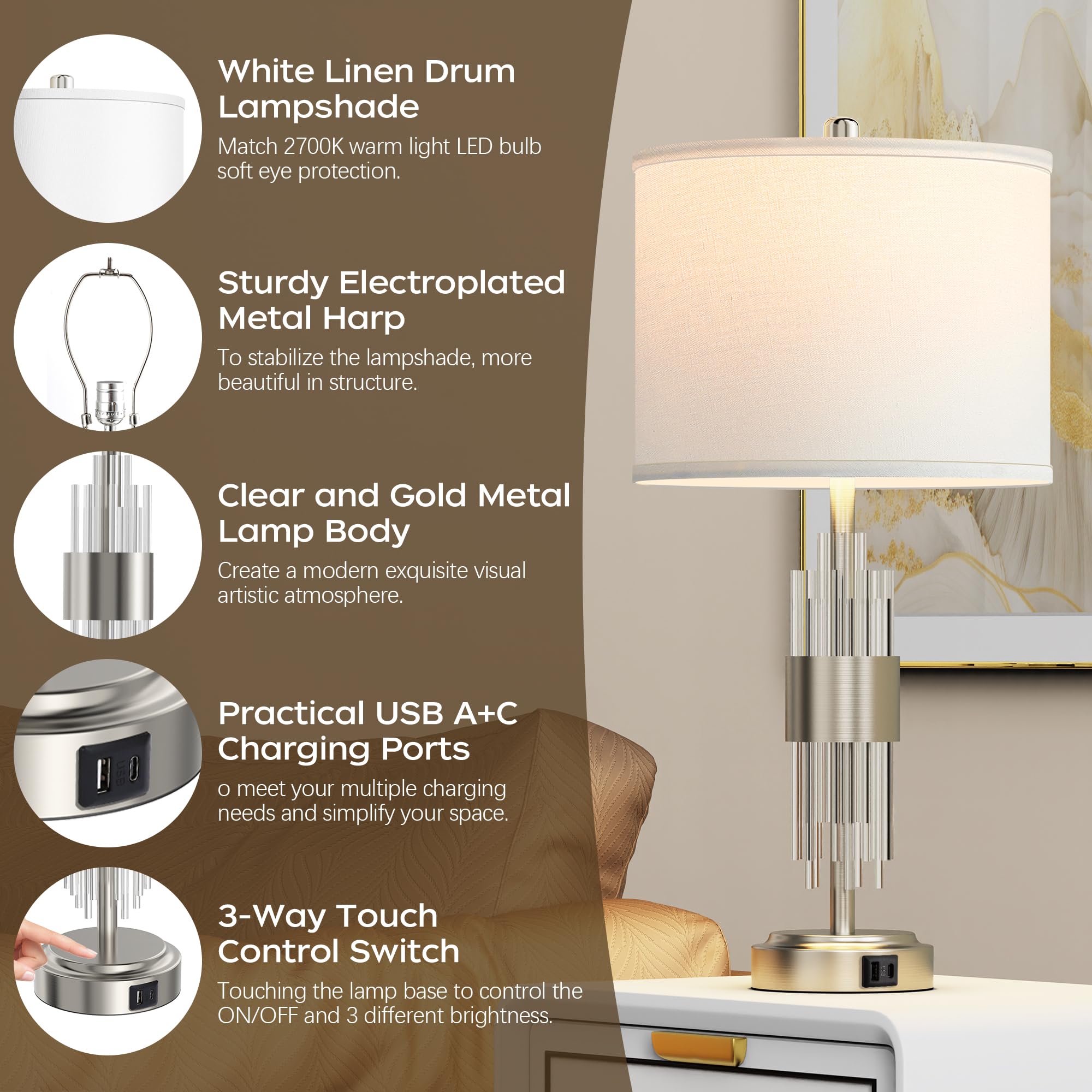 Qimh Table Lamp For Living Room,Bedside Lamp For Bedrooms Set Of 2 With Usb A+C Ports,3-Way Dimmable Touch Control,Modern Nights