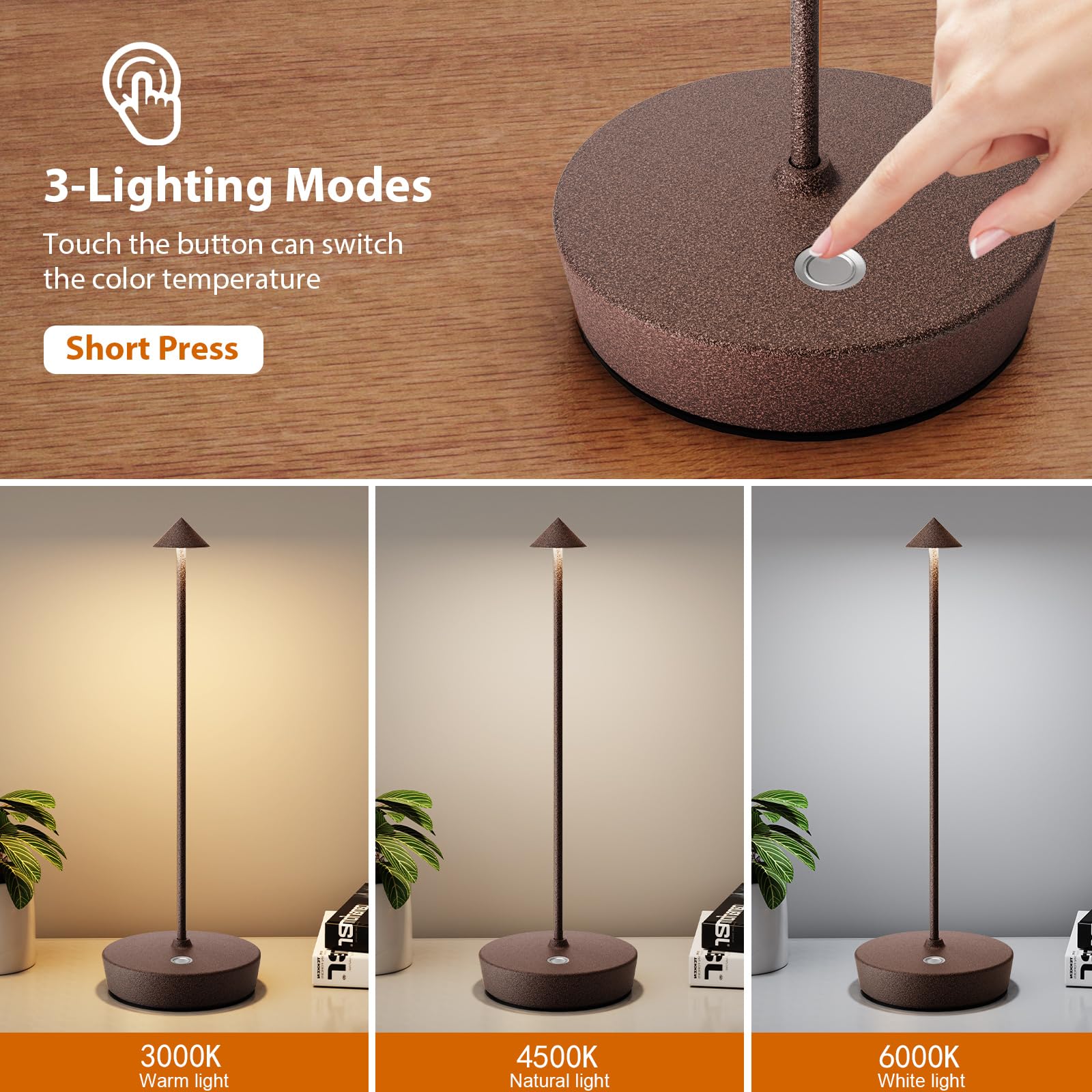 Yiben 2Pack Rechargeable Cordless Table Lamp, Portable Powered Led Battery 6000Mah Metal Usb Desk Lamp, 3 Levels Brightness Ligh